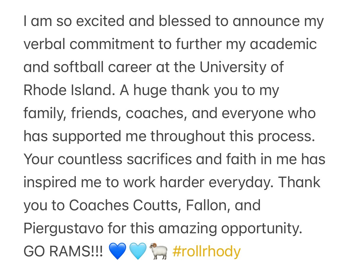 Crisalyn Abruscato (@crisalynabrusc2) on Twitter photo Iโm so excited to announce my verbal commitment to play softball at the University of Rhode Island! ๐ฅ๐
<a href="/RhodySoftball/">Rhode Island Softball</a> <a href="/theREALmcoutts/">Michael Coutts</a> <a href="/epiergustavo/">Emily Piergustavo</a> <a href="/CaitlynFallon1/">Cat Fallon</a> <a href="/HPSAthletics/">Hauppauge Athletics</a> <a href="/intensitykod/">Kevin ODonnell</a> Iโm so excited to announce my verbal commitment to play softball at the University of Rhode Island! ๐ฅ๐
<a href="/RhodySoftball/">Rhode Island Softball</a> <a href="/theREALmcoutts/">Michael Coutts</a> <a href="/epiergustavo/">Emily Piergustavo</a> <a href="/CaitlynFallon1/">Cat Fallon</a> <a href="/HPSAthletics/">Hauppauge Athletics</a> <a href="/intensitykod/">Kevin ODonnell</a>