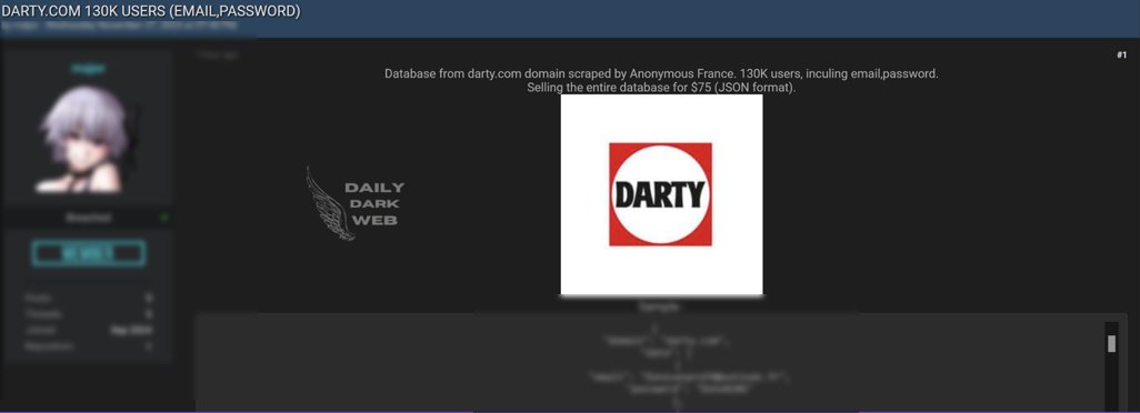 DailyDarkWeb's tweet photo. 🇫🇷 https://t.co/dtSKyyv15V User Data Leak

A significant data breach has exposed the personal information of 130,000 users of https://t.co/dtSKyyv15V, including email addresses and passwords. The leak has raised concerns over the security of online retail platforms and the potential risks to users’ privacy and security.

#France #DataBreach #Darty #UserData #CyberSecurity #DarkWeb #Privacy