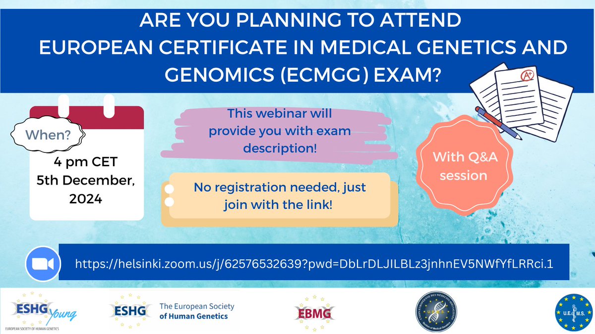 eshg_young (@eshg_young) on Twitter photo Webinar on "Becoming European Board Certified in Medical Genetics & Genomics” will be held by <a href="/eshg_young/">eshg_young</a> represented by <a href="/DeliaSabaudoc/">Sabau Delia</a>
📌 Save the date: 5th Dec 2024, 4pm CET.
💻 Zoom link: helsinki.zoom.us/j/62576532639?…
📍 No registration needed! Just join!
<a href="/eshgsociety/">European Society of Human Genetics (ESHG)</a> <a href="/UEMSEurope/">UEMS Europe</a> Webinar on "Becoming European Board Certified in Medical Genetics & Genomics” will be held by <a href="/eshg_young/">eshg_young</a> represented by <a href="/DeliaSabaudoc/">Sabau Delia</a>
📌 Save the date: 5th Dec 2024, 4pm CET.
💻 Zoom link: helsinki.zoom.us/j/62576532639?…
📍 No registration needed! Just join!
<a href="/eshgsociety/">European Society of Human Genetics (ESHG)</a> <a href="/UEMSEurope/">UEMS Europe</a>