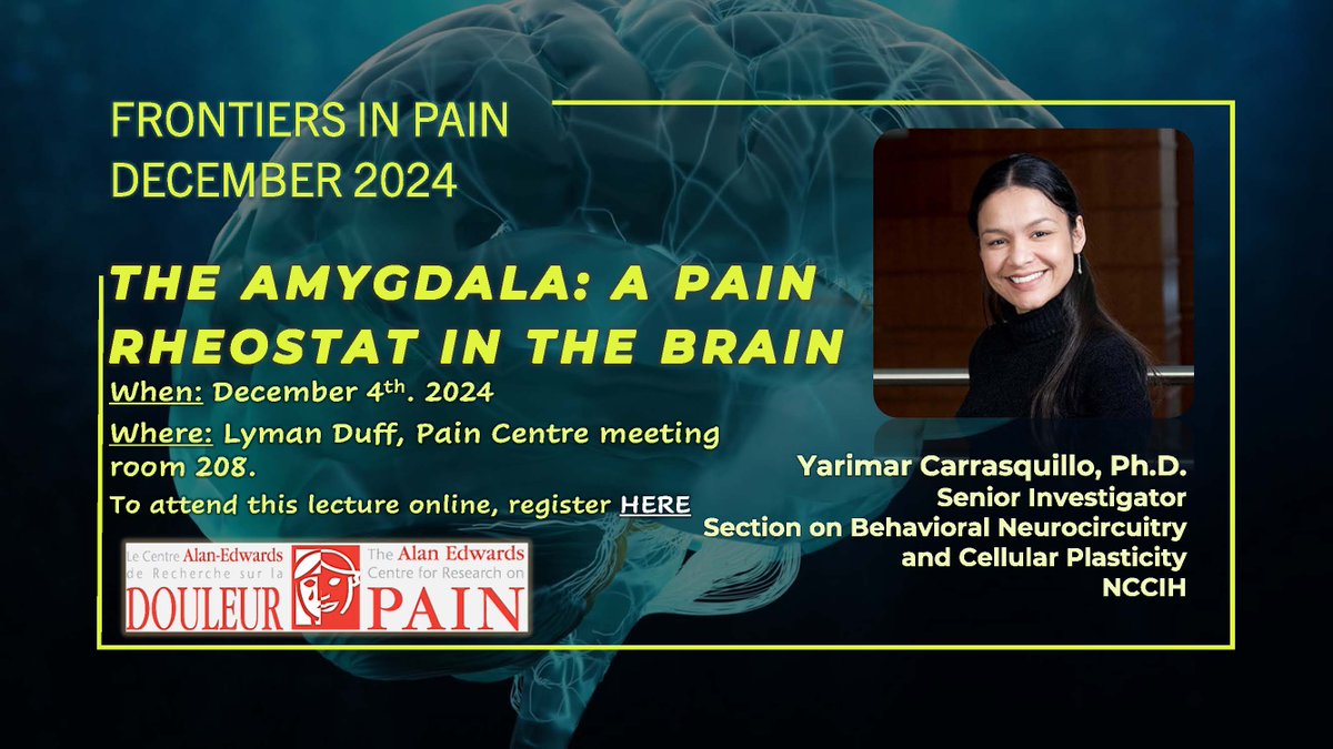 Alan Edwards Centre for Research on Pain (@aecrpain) on Twitter photo Join us next Wednesday, Dec 4th, @ 4pm ET when Frontiers in Pain Research welcomes Yarimar Carrasquillo to speak about the amygdala and pain.
Deets in graphic.
Registration required for Zoom link: bit.ly/3CLPhFH
<a href="/McGillMed/">McGill Medicine and Health Sciences</a> <a href="/McGillDentistry/">McGill Dental Medicine and Oral Health Sciences</a> <a href="/McGillScience/">McGill Science</a> Join us next Wednesday, Dec 4th, @ 4pm ET when Frontiers in Pain Research welcomes Yarimar Carrasquillo to speak about the amygdala and pain.
Deets in graphic.
Registration required for Zoom link: bit.ly/3CLPhFH
<a href="/McGillMed/">McGill Medicine and Health Sciences</a> <a href="/McGillDentistry/">McGill Dental Medicine and Oral Health Sciences</a> <a href="/McGillScience/">McGill Science</a>