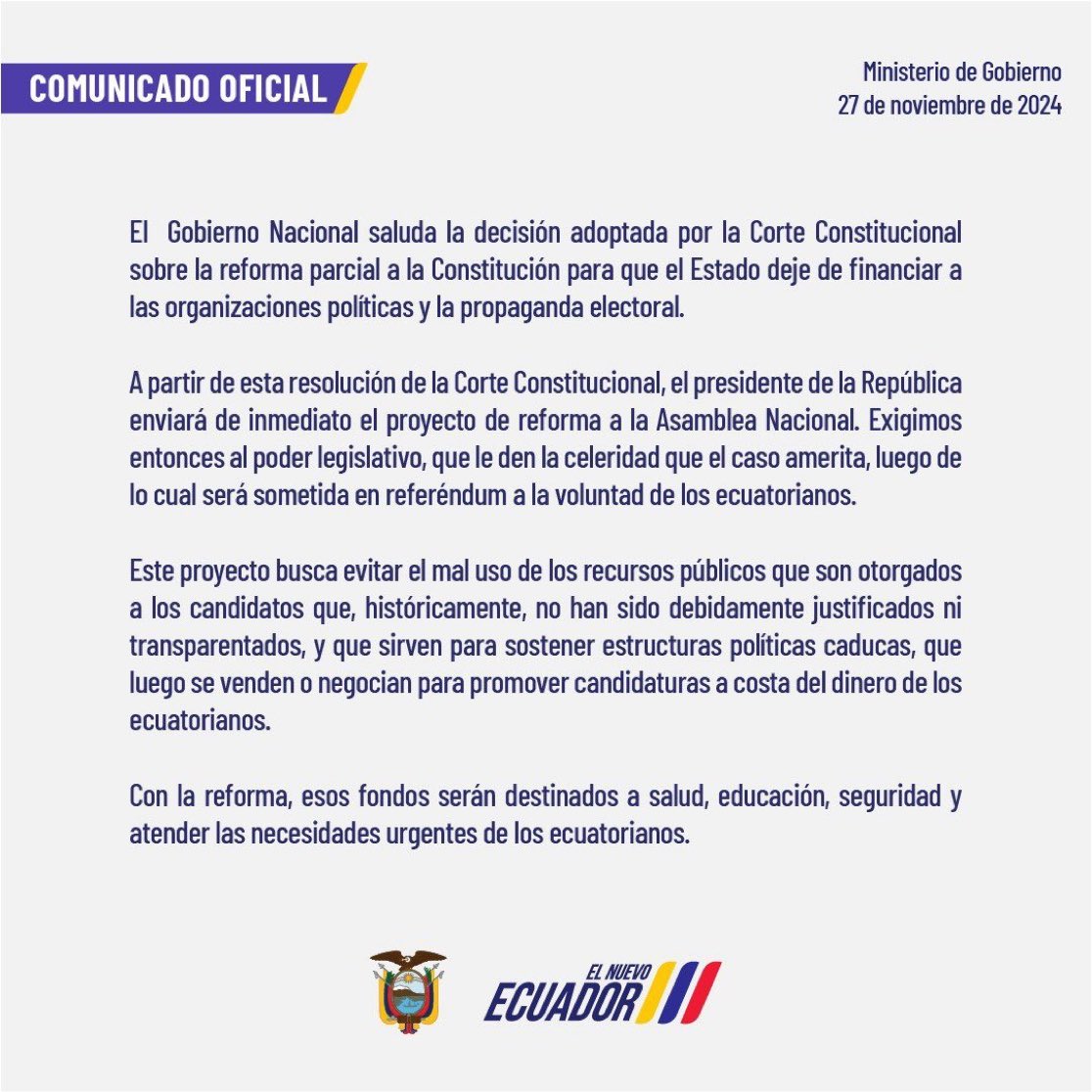 ecuainm_oficial's tweet photo. ‼️#URGENTE
El presidente Daniel Noboa enviará a la Asamblea Nacional el proyecto de reforma constitucional para eliminar el financiamiento estatal a organizaciones políticas y propaganda electoral, informó el Ministerio de Gobierno. https://t.co/tYVtl9xd3E