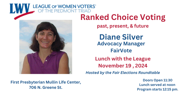 LWVPT's tweet photo. .@LWVPT's Fair Elections Roundtable hosted Diane Silver, Advocacy Manager for @FairVote, who addressed #RankedChoiceVoting, past present &amp; future. Watch recording, full of information,  here: https://t.co/2YJ9RQ70UY #ncpol https://t.co/7prGEDCQfM