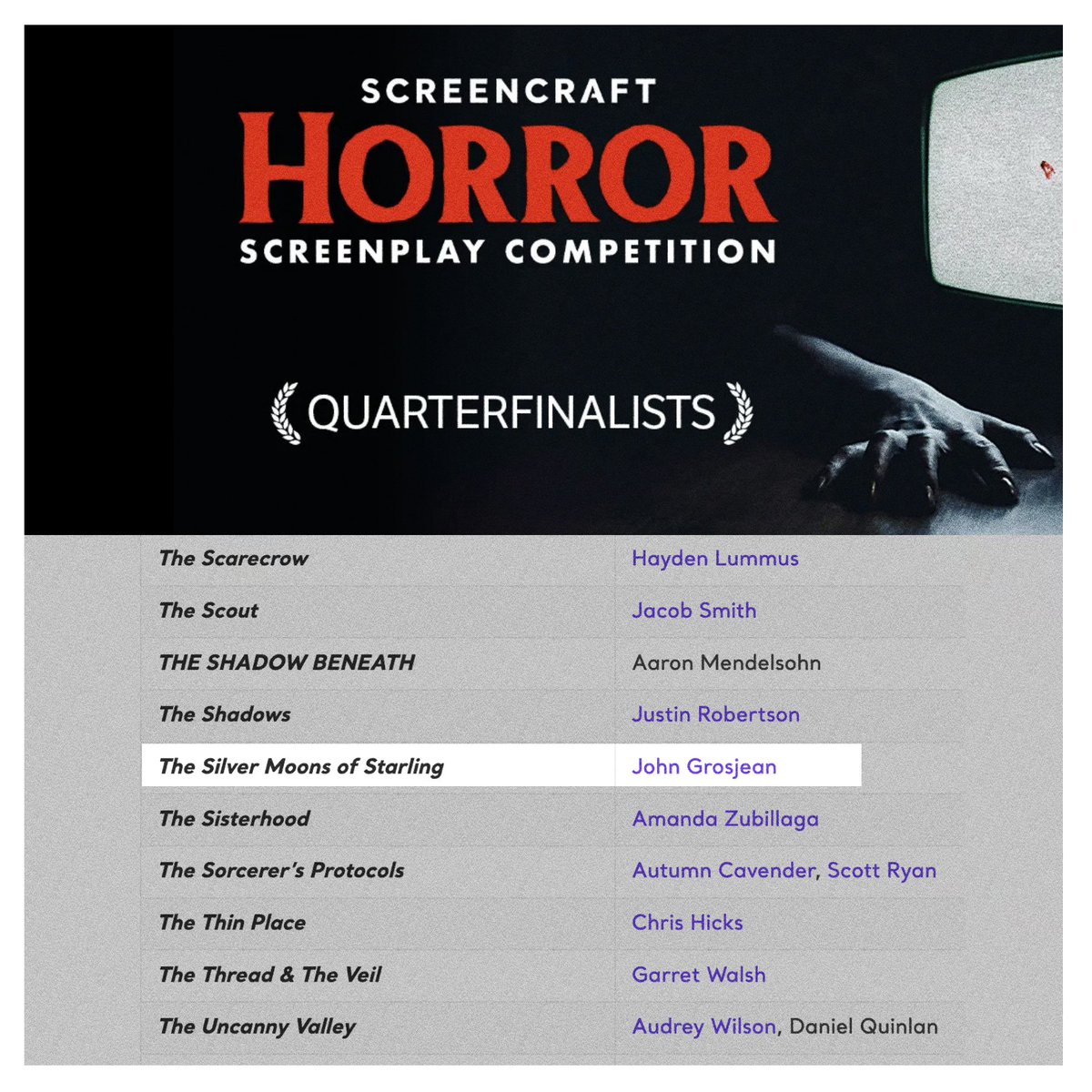 John_Grosjean's tweet image. Super pumped The Silver Moons of Starling is a Quarterfinalist in The Screencraft Horror Screenplay comp 🤙 Congrats to everyone who placed - on to the semifinals! #screenwriting #screencraft #horror