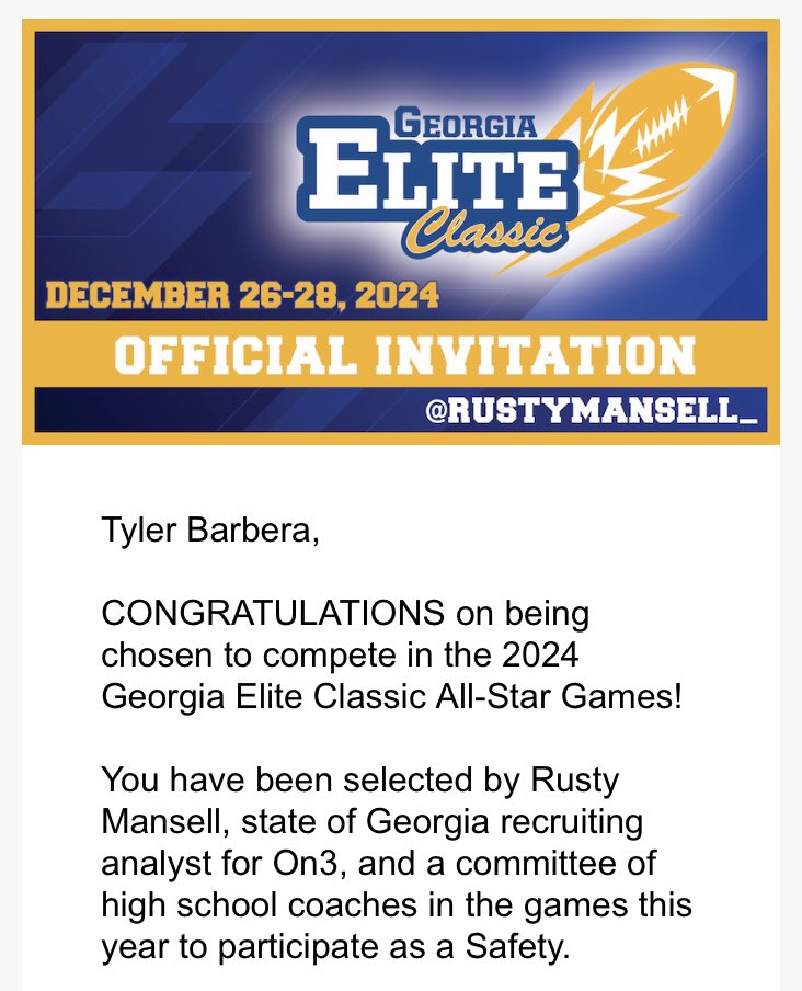 Blessed and honored to be invited to this year’s Georgia Elite Classic Game! Very excited to come out and play this December.
<a href="/RustyMansell_/">Rusty Mansell</a> <a href="/GAEliteClassic/">GeorgiaEliteClassic</a> <a href="/scoreatlanta/">SCORE Atlanta</a> <a href="/coachd73/">Dan Devine</a> <a href="/WoodstockFtball/">𝙒𝙊𝙊𝘿𝙎𝙏𝙊𝘾𝙆 𝙁𝙊𝙊𝙏𝘽𝘼𝙇𝙇</a> <a href="/HSFBCherokee/">Cherokee County Football Recruiting Page</a> <a href="/NEGARecruits/">Northeast Georgia Recruits</a> <a href="/coachozprice/">Oz Price</a> <a href="/RecruitGeorgia/">Recruit Georgia</a>