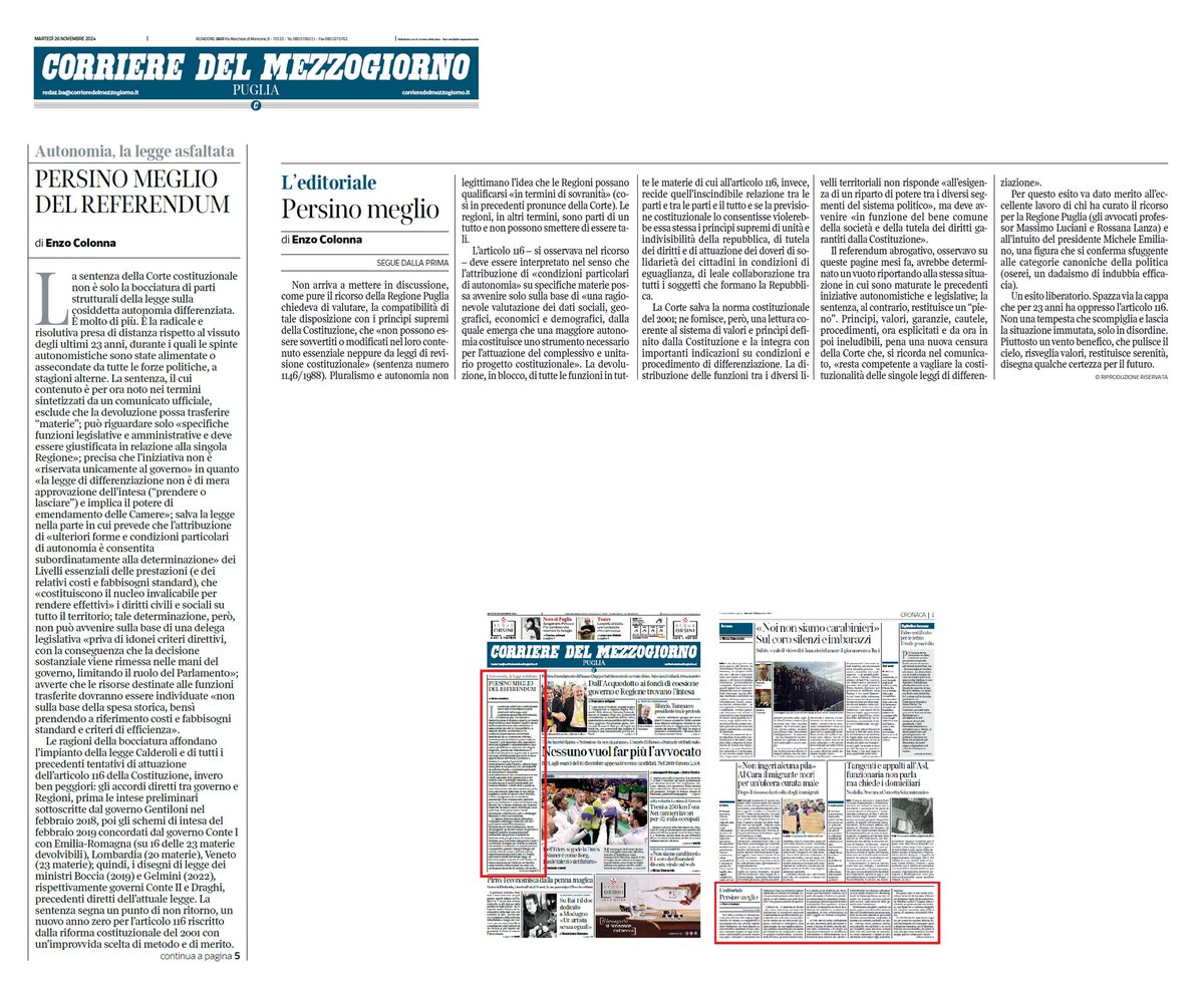 L'editoriale a mia firma di ieri, 26.11, del <a href="/corrmezzogiorno/">CorriereMezzogiorno</a>. Sulla sentenza della <a href="/CorteCost/">Corte Costituzionale</a> in materia di #autonomiadifferenziata, su ricorso di <a href="/RegionePuglia/">RegionePuglia</a>
<a href="/micheleemiliano/">Michele Emiliano</a>
Per agevolare la lettura riporto il testo nella mia bacheca Fb, 👇
facebook.com/enzo.colonna.9