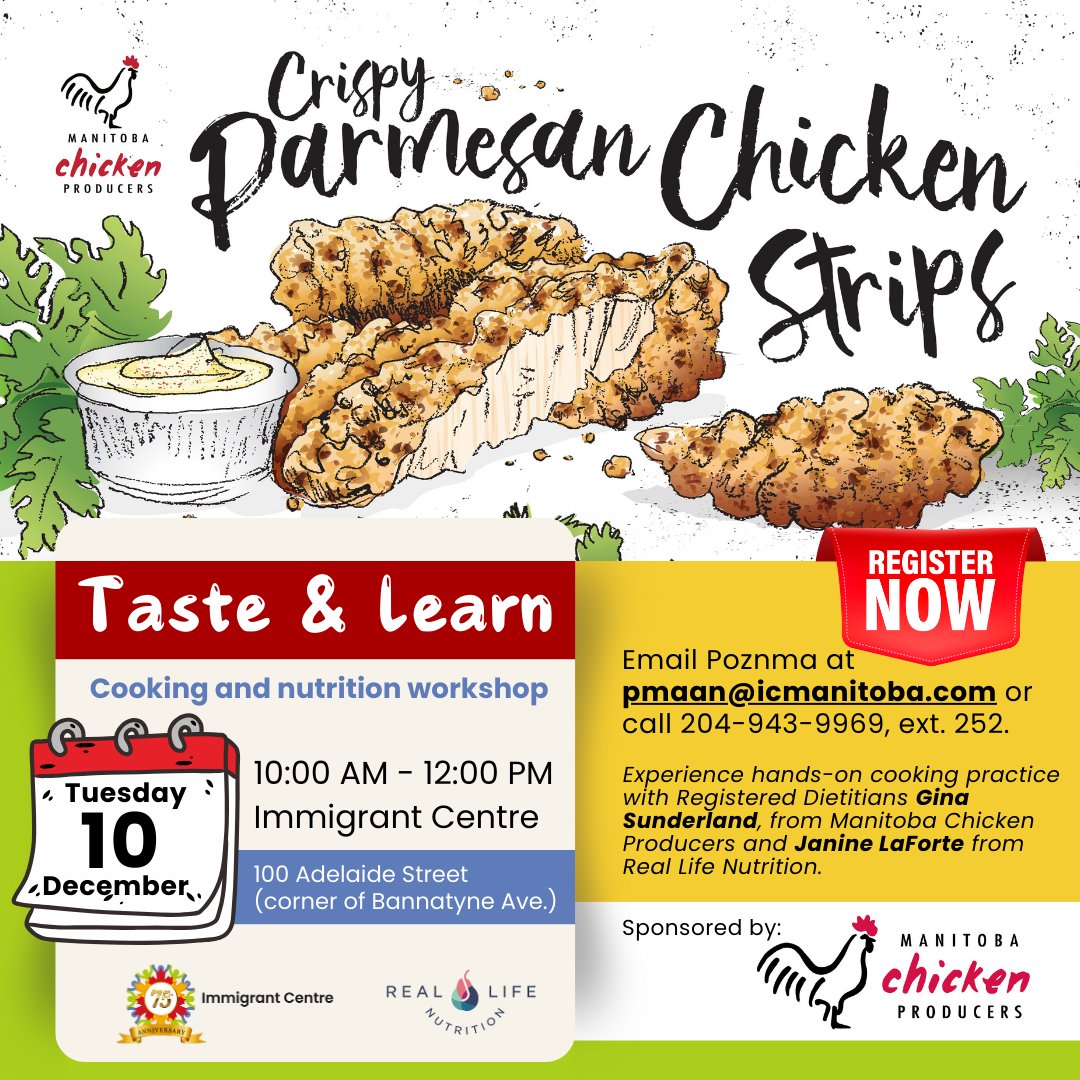 icmanitoba1's tweet photo. ๐ดJoin our โTaste & Learnโ Cooking Workshop! Learn to make 2 tasty, budget-friendly recipes, discover chicken cooking tips, & get a FREE swag bag! Limited spotsโregister now: pmaan@icmanitoba.com ๐ @manitobachicken
#WinnipegEvents #CookingWorkshop #Winnipeg #ImmigrantCentre https://t.co/yQBRGhZiUJ
