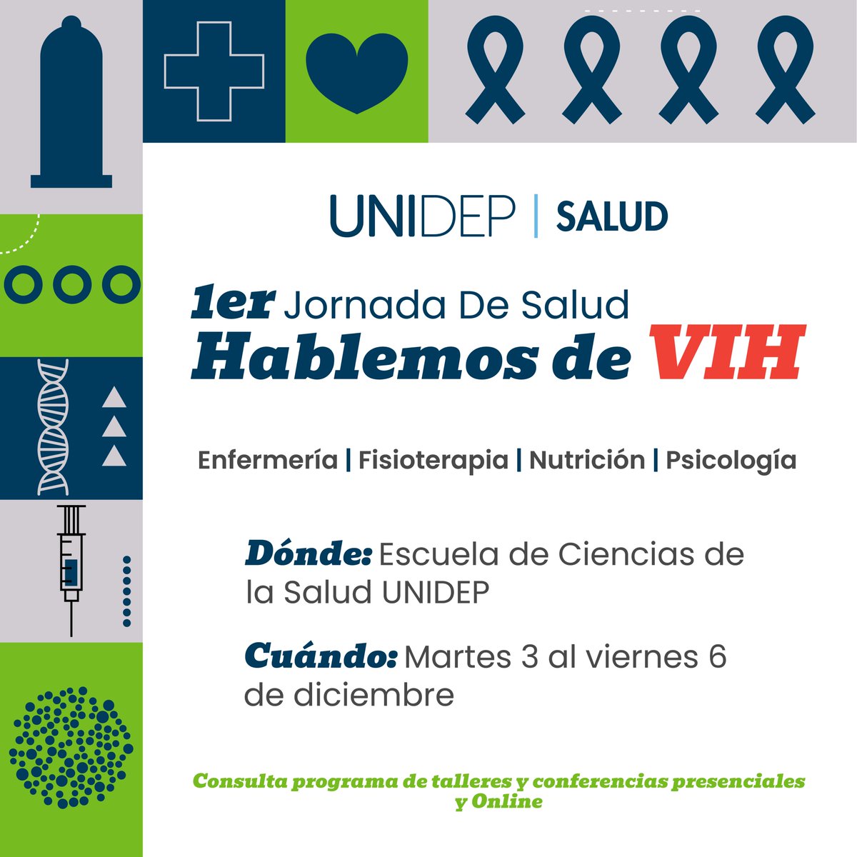Te invitamos a nuestra 1ra Jornada de #Salud en #UNIDEP dónde Hablaremos del VIH en compañía de nuestras carreras de salud. ¡No te lo puedes perder!

#VIH