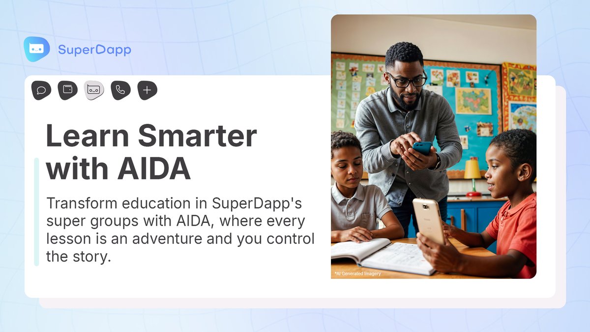 SuperDappAI's tweet image. Transform education into an interactive adventure with AIDA, your #AI companion 🤖

Tailor lessons to your needs, inspire creativity, and connect in ways that make learning something new easy and engaging.

Start learning the new way at Web.SuperDapp.ai 📚