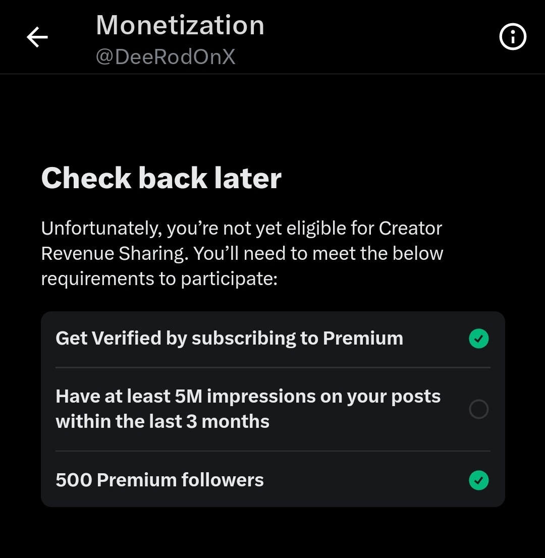 DeeRod's tweet photo. @elonmusk this isn't good enough for getting MONETIZED on @x
But its REAL numbers 👌
I wonder what a RT from you would do 🤔
I'll check back later 😉
never give up...
#AccountAnalytics #Monetization https://t.co/BD2vBl0VEG