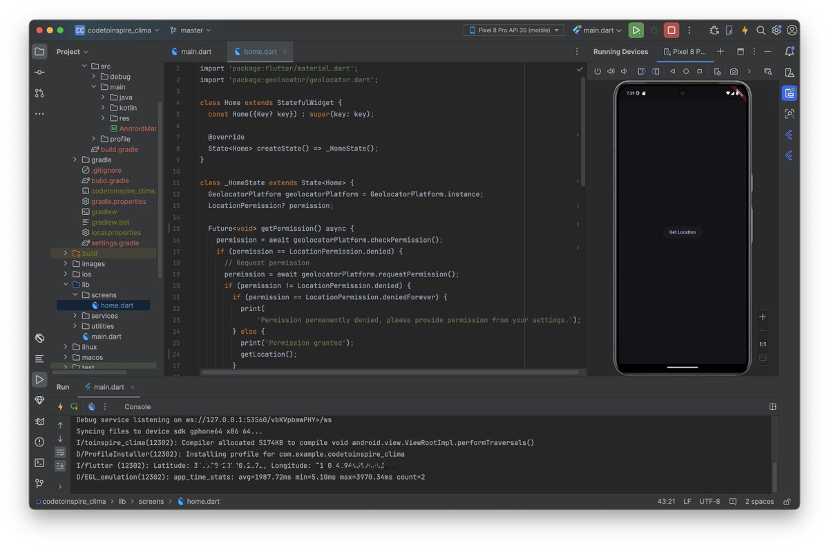 aanaahitaa's tweet image. 🌦️ Started working on the Climate Weather App with #Flutter!
Followed @a_daneshyar&apos;s #GitHub guide and added geolocation using #Geolocator to get the user&apos;s location for weather updates.
Excited to see how it turns out! 😊
 
@f_forough , @CodeToInspire