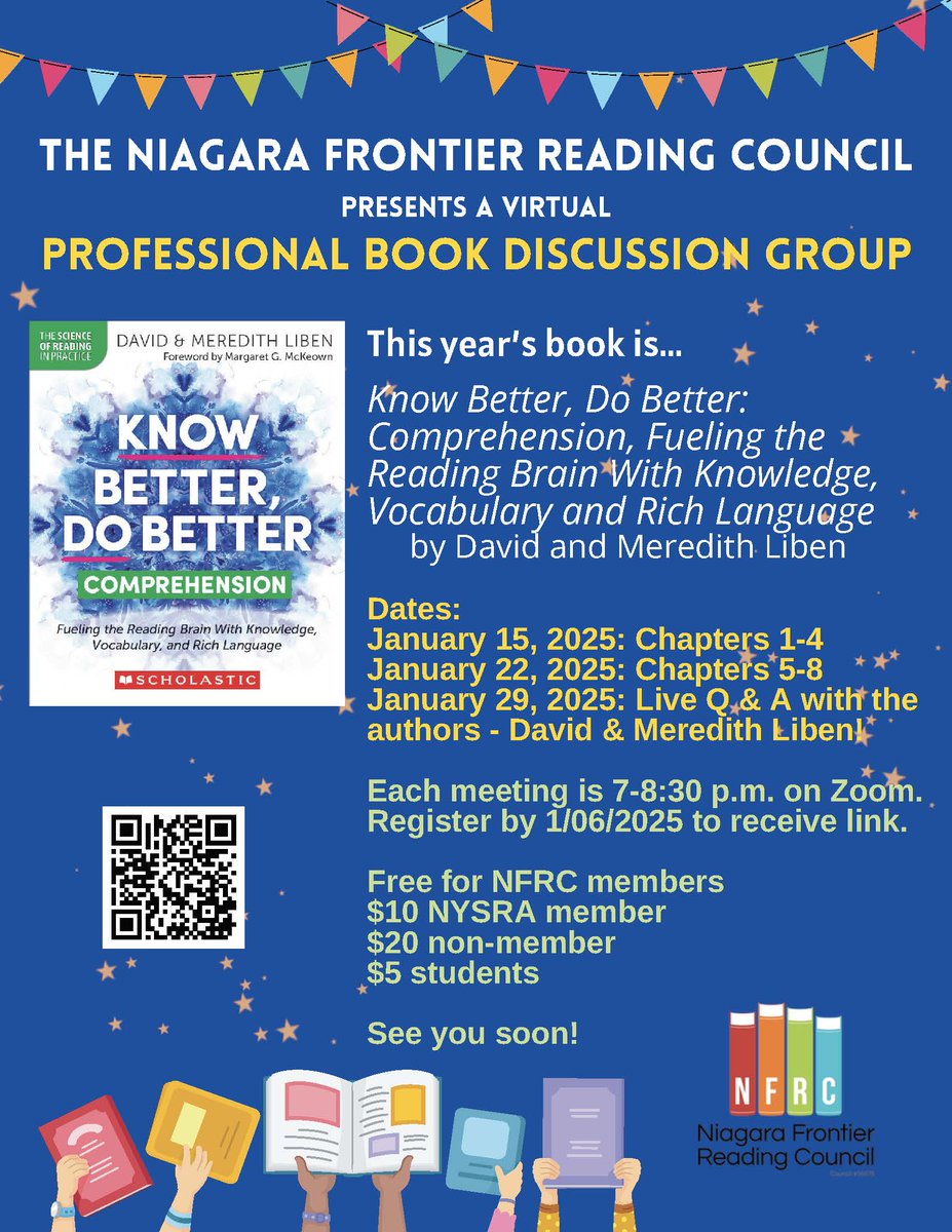 Join us in January to discuss Know Better, Do Better: Comprehension by David and Meredith Liben. We'll meet virtually from 7-8:30 P.M. Eastern on January 15, 22, and 29. Sign up here: nysreading.org/event-5888784

Not an NFRC member? Join here: thenfrc.org/membership.htm….