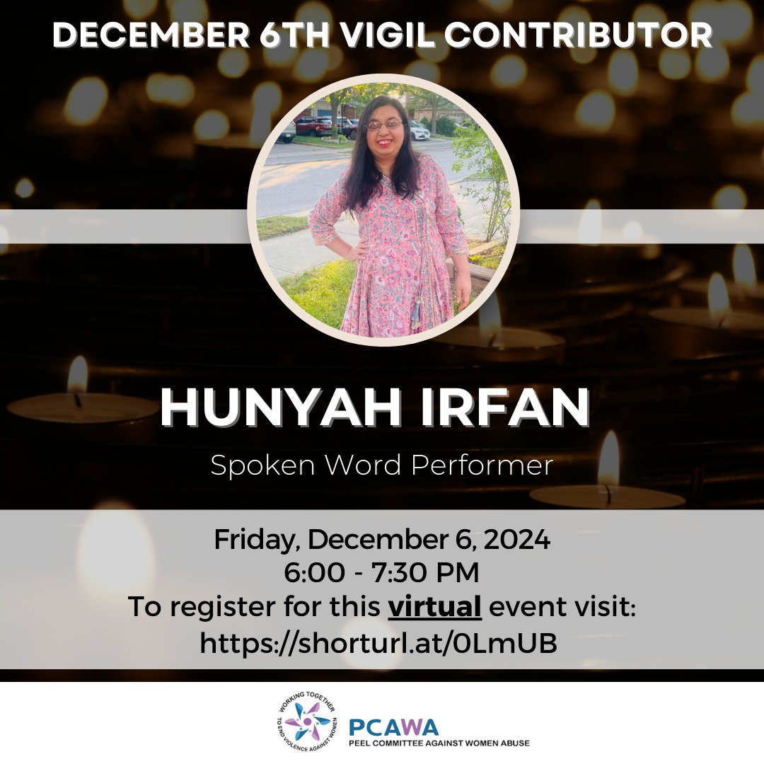 We are happy to share that Hunyah Irfan will be performing a spoken word piece at our December 6th Vigil.  

Join us virtually on December 6th from 6:00 - 7:30 PM to hear Hunyah's incredible performance.  

Click here to register - us06web.zoom.us/webinar/regist…