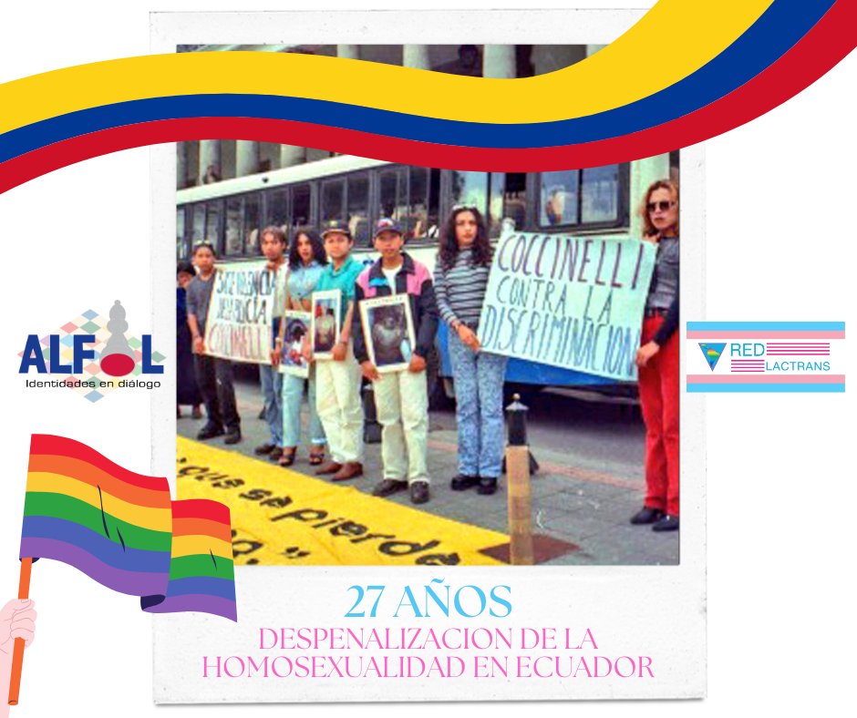 📌 27 de noviembre de 1997, el entonces TCE derogó el articulo penal 516, por incidencia política de colectivos de #MujeresTrans 🏳️‍⚧️y #LGBTI 🏳️‍🌈 en #Ecuador.
Foto: #AsociacionCoccinelle, precursora de la Despenalización de la Homosexualidad a 27 años del hito histórico.