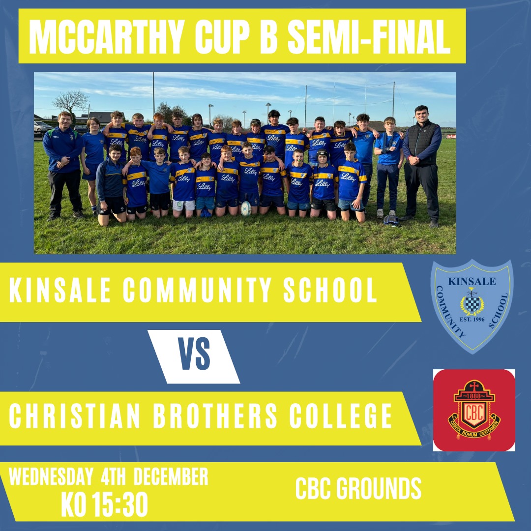 KCS Rugby (@kinsalecsrugby) on Twitter photo ๐จ๐ Big day for Kinsale Community School Sport ๐๐จ
<a href="/KinsaleComSch/">Kinsale Community School</a> U15 boys rugby team takes on CBC in the McCarthy Cup B Semi-Final! ๐
๐๏ธ Dec 4th
โฐ KO 15:30
๐ CBC Grounds
A huge achievement for <a href="/kcspe1996/">KCS PE & Sport</a> sport and Rugby ๐ Let's get behind this incredible squad!  ๐ช๐ ๐จ๐ Big day for Kinsale Community School Sport ๐๐จ
<a href="/KinsaleComSch/">Kinsale Community School</a> U15 boys rugby team takes on CBC in the McCarthy Cup B Semi-Final! ๐
๐๏ธ Dec 4th
โฐ KO 15:30
๐ CBC Grounds
A huge achievement for <a href="/kcspe1996/">KCS PE & Sport</a> sport and Rugby ๐ Let's get behind this incredible squad!  ๐ช๐