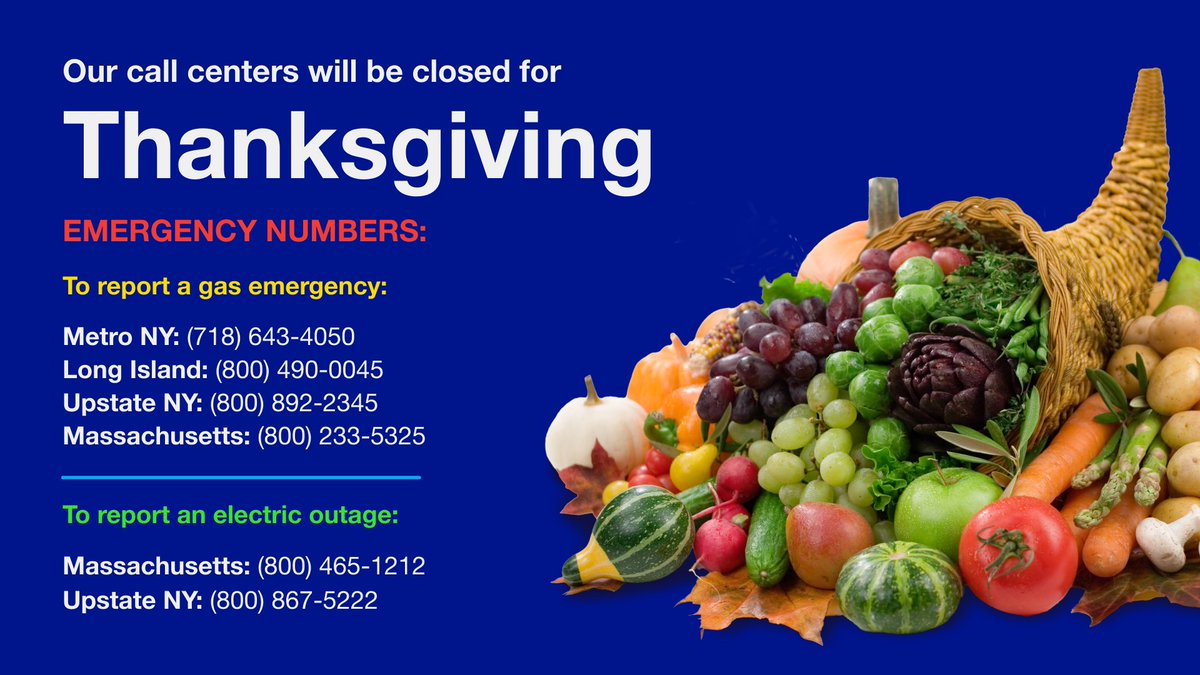 Our offices will be closed on Nov. 28th &amp; Nov. 29th. We will continue to respond to gas and electric emergencies 24 hours a day. Use these numbers to report a gas emergency or electric outage in your area.