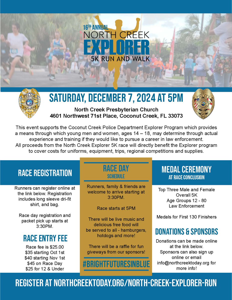 CoconutCreekPD's tweet photo. Need to work off those early holiday calories? The 16th annual #NorthCreekPoliceExplorer 5K Run &amp; Walk is a great way of doing it! It's also the largest annual fundraiser for our award-winning #PoliceExplorers program. For more information, see this link: https://t.co/na4uCXoni8 https://t.co/ezBFJnEfWW
