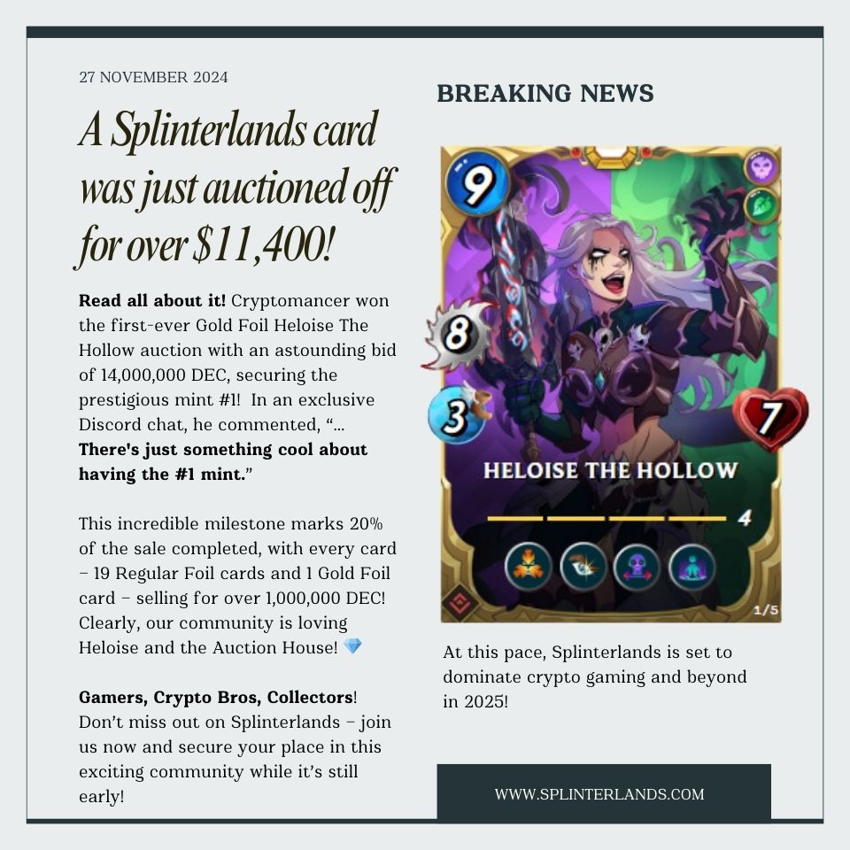 splinterlands's tweet photo. 🗞️ Important Message! 📢 Attention, Web3 gamers, TCG players, card collectors and crypto investors! Exciting news about our recent Gold Foil card that sold on the Splinterlands Auction House just hit the front page. Don’t miss out—look into Splinterlands today! 💥

#Splinterlands #GoldFoil #CryptoGaming #TCG #Web3 #HiveBlockchain #NFTs #PlayToEarn #BlockchainGaming #Collectibles #GameFi #CryptoInvestors