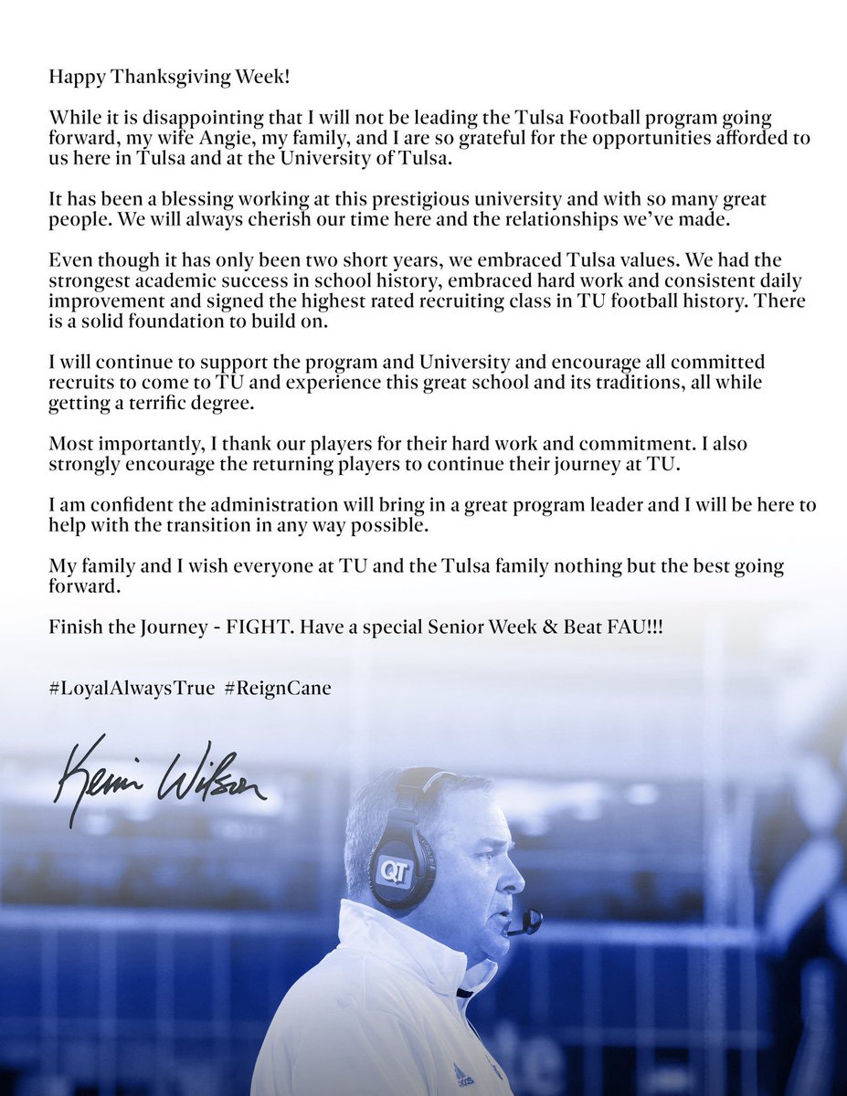 CoachKevinWils's tweet photo. Have a Safe & Blessed Thanksgiving
Week!!
My HS Coach Tom Brown always said:
"There's Nothing like Football Practice & Eating Turkey on Thanksgiving Day"
Much Respect & Love for Our Players, Staff & Support Staff @TulsaFootball
#4Days #FightToTheFinish #BeatFAU 🌀🏈 https://t.co/9uQ2rsBK37