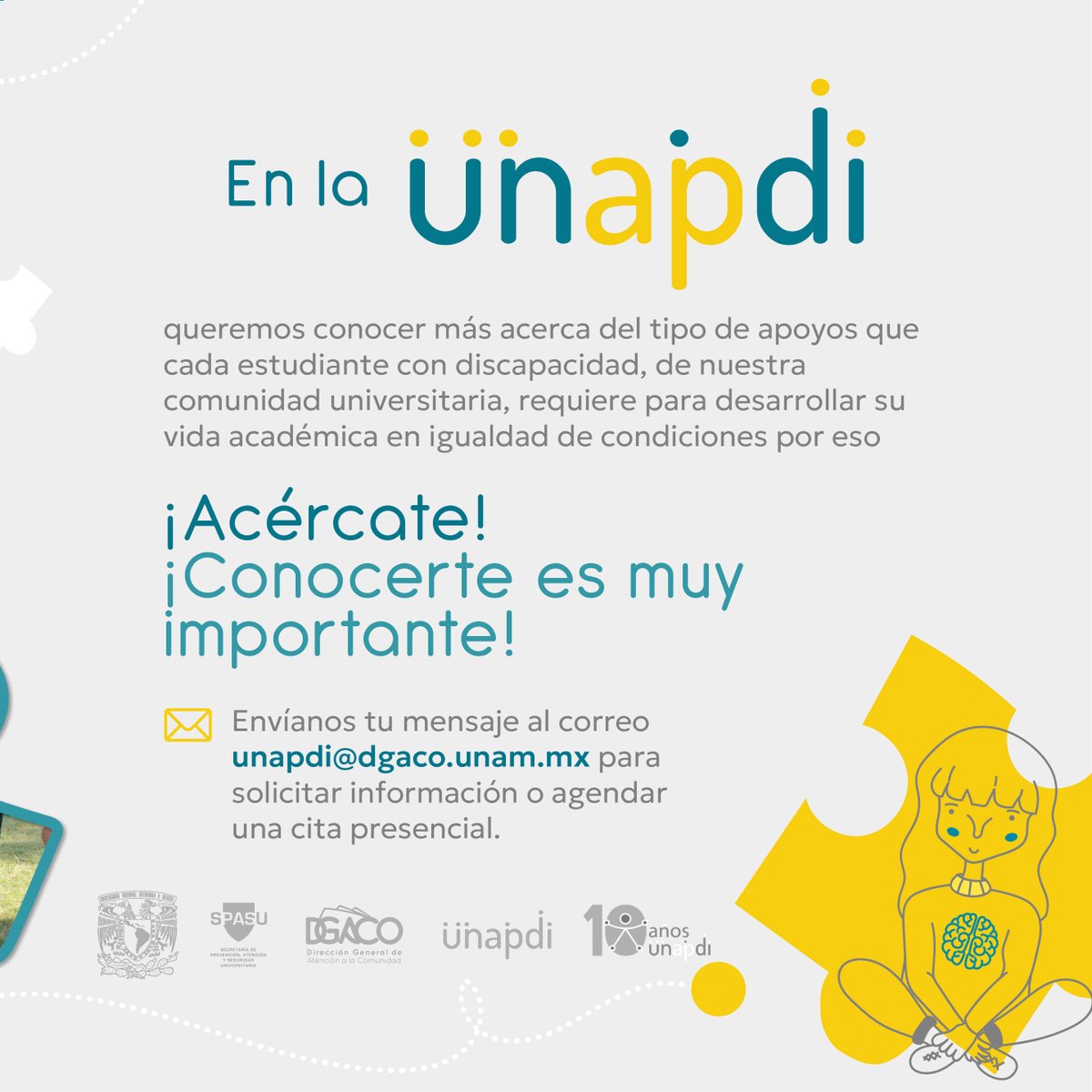 Comunidad_UNAM's tweet photo. 💛🤎¡Acércate a la Unidad de Atención a Personas con Discapacidad #UNAPDI, si necesitas ayuda u orientación personalizada!
#ComunidadUNAMSinBarreras
#ComunidadUNAMIncluyente https://t.co/bOOnIulPUX