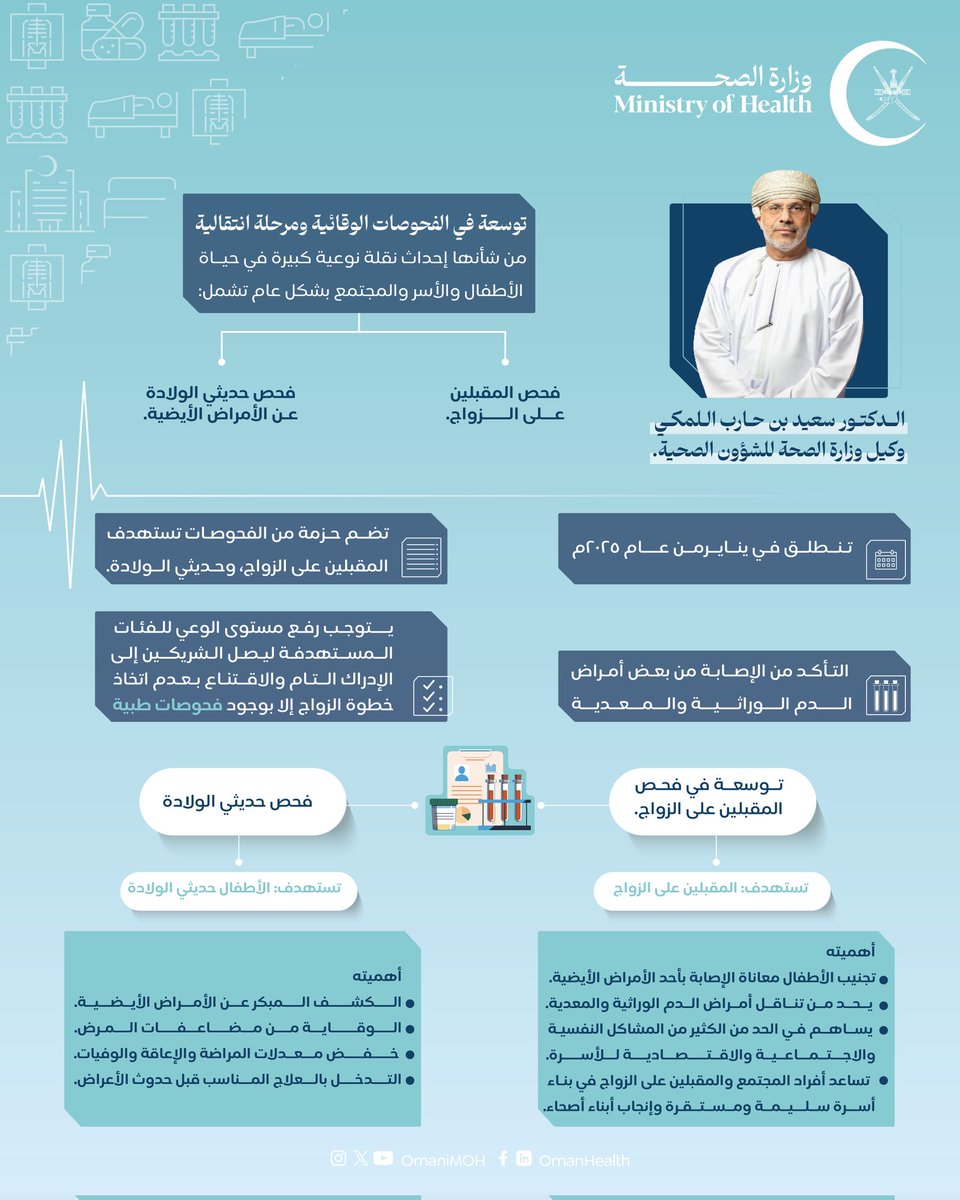 سعادة الدكتور سعيد اللمكي وكيل الشؤون الصحية: 
لأن الأسرة هي اللبنة الأساسية للمجتمع، مشروعان مهمان ينطلقان في يناير المقبل من شأنهما مساعدة أفراد المجتمع والمقبلين على الزواج لبناء أسرة سليمة ومستقرة وإنجاب أبناء أصحاء مما يسهم في تأسيس مجتمع سليم ومعافى.
