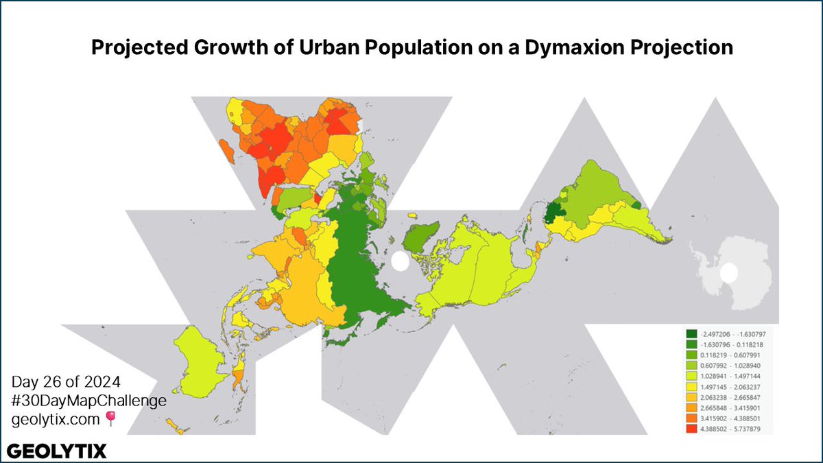 🗺#30daymapchallenge🌎
Day 26: Map projections

Blair has used the #WorldBank projected growth or decline in urban population by country on a Dymaxion Projection.

In Blair's words: "You can tell a lot about someone from their favourite map projection."

#Projection #Population