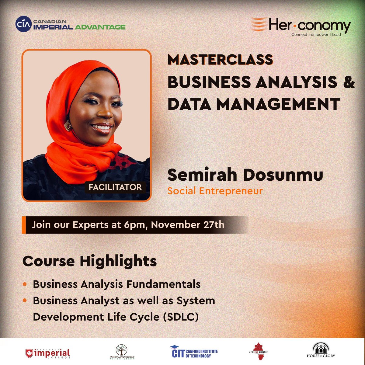 Join us for the final HER-conomy class of this cohort, featuring a can't-miss session on Business Analysis Fundamentals with the knowledgeable Semirah Dosunmu. 📊✨

🕕 Set your reminders for 6 PM (MST) 

Let's make this final class a memorable one! 🚀🎓 see you online!!