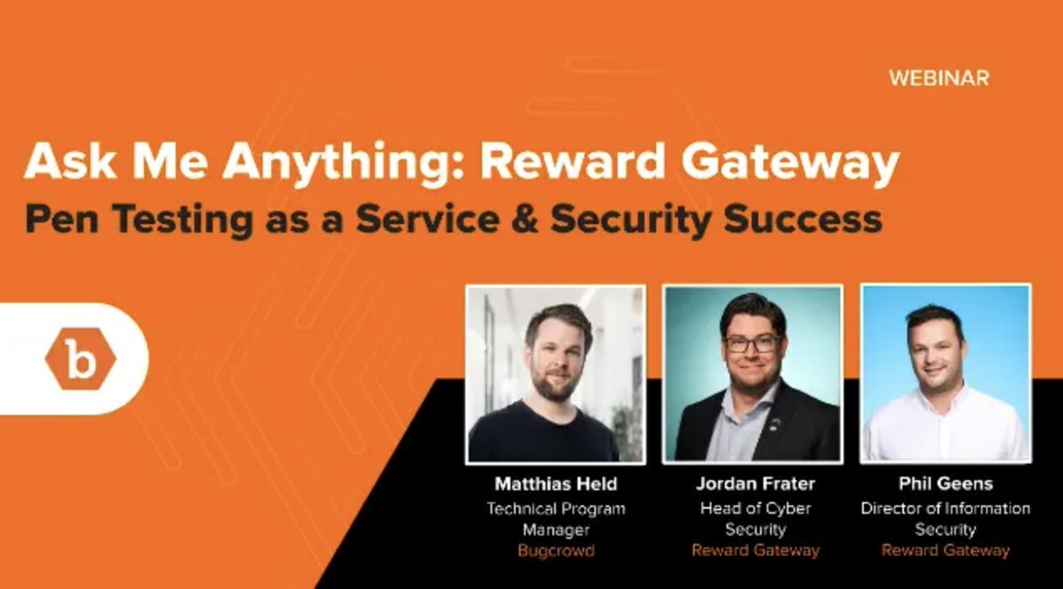 Bugcrowd's tweet photo. You want to learn about Pen Testing as a Service?? 🙋♂️
Join Jordan Frater & Phil Geens, CISM from @RewardGateway and Matthias Held from #Bugcrowd for a deep dive into scaling #PTaaS, fixing #vulnerabilities fast, and learning what #hackers and program owners really want to see.
Don’t miss the insights, best practices, and future trends. Register now! 👇
Let's goooo: https://t.co/9Nn64mrr37 #Webinar #RewardGateway