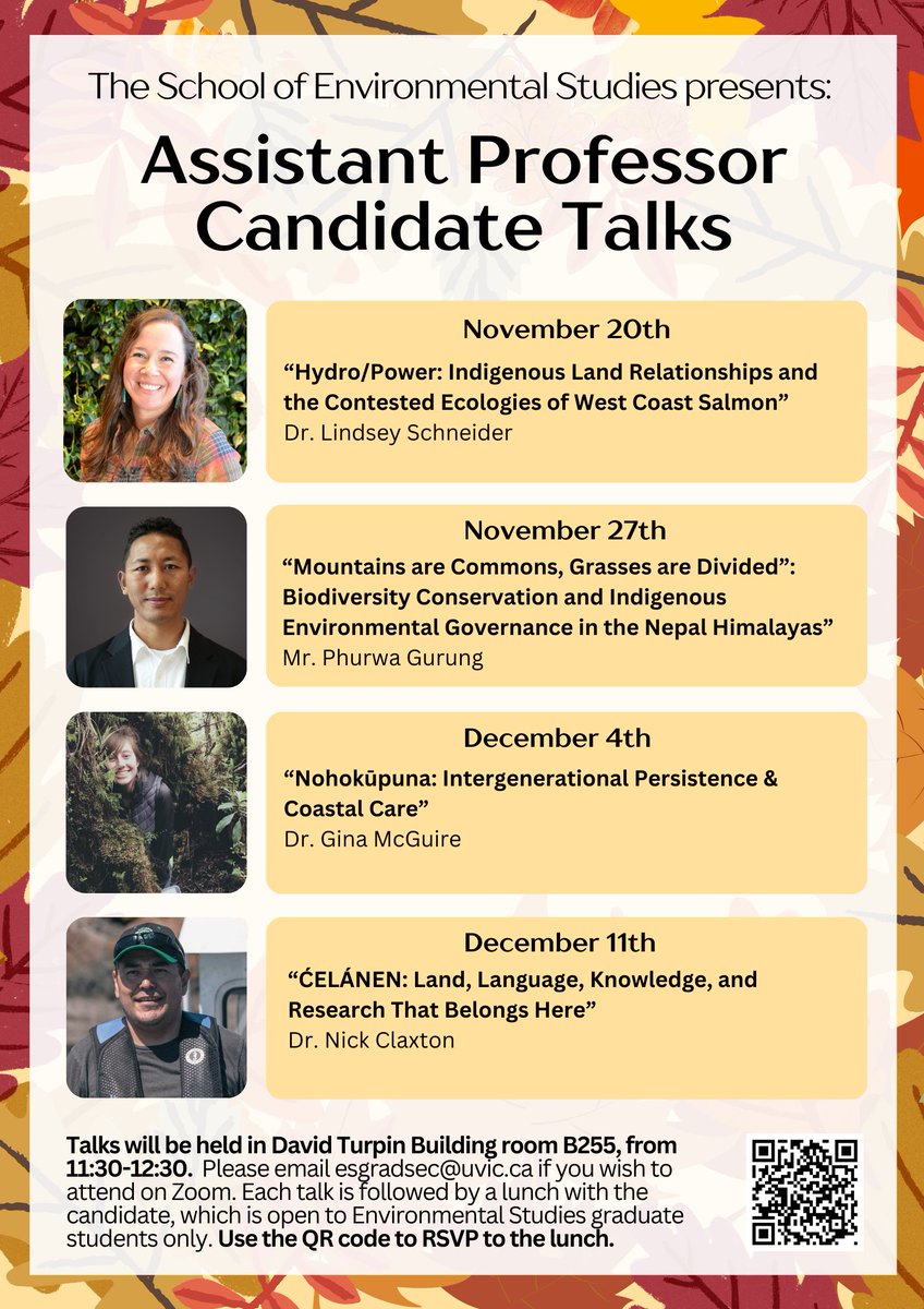 Join us on TODAY to hear the second #UVicENVI candidate talk. 
Mountains as commons, grasses divided: Mr. Phurwa Gurung delves into biodiversity conservation &amp; Indigenous governance in the Nepal Himalayas, exploring shared landscapes &amp; resilience.