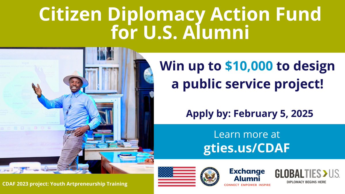 exchangealumni's tweet photo. The 2025 Citizen Diplomacy Action Fund (#CDAF) will fund up to $10,000 for U.S. #ExchangeAlumni to carry out community service projects focused on community building through arts, sports, or technology. Apps open December 4, 2024 -- February 5, 2025: https://t.co/4Mv1AguuqZ https://t.co/lwGVym9kej