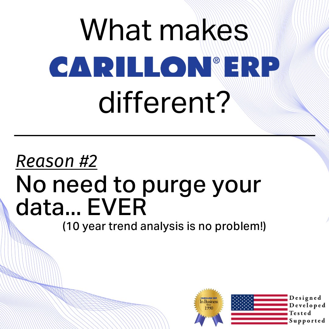 CarillonERP's tweet image. Never lose your history! 🗂️ Carillon ERP keeps all your data intact, making long-term trend analysis effortless. No purging, no worries. 🔍📈

Learn more today!
Call Isabella at 972-454-4573

ow.ly/t6ZO50UfQAK

 #DataMatters #CarillonERP #LongTermInsight#DataRetention