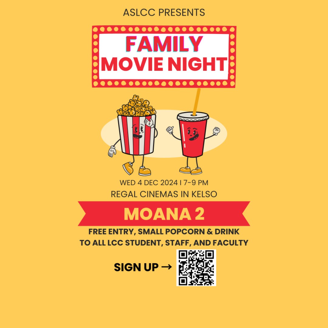 LowerCC's tweet image. Join ASLCC for a Family Movie Night Wed Dec 4, 2024 from 7-9pm for Moana 2. This event is free for LCC students, staff, and faculty! (Registration required for tickets) #lowercolumbiacollege #lowercc #ASLCC #LCCevents #ASLCCevents