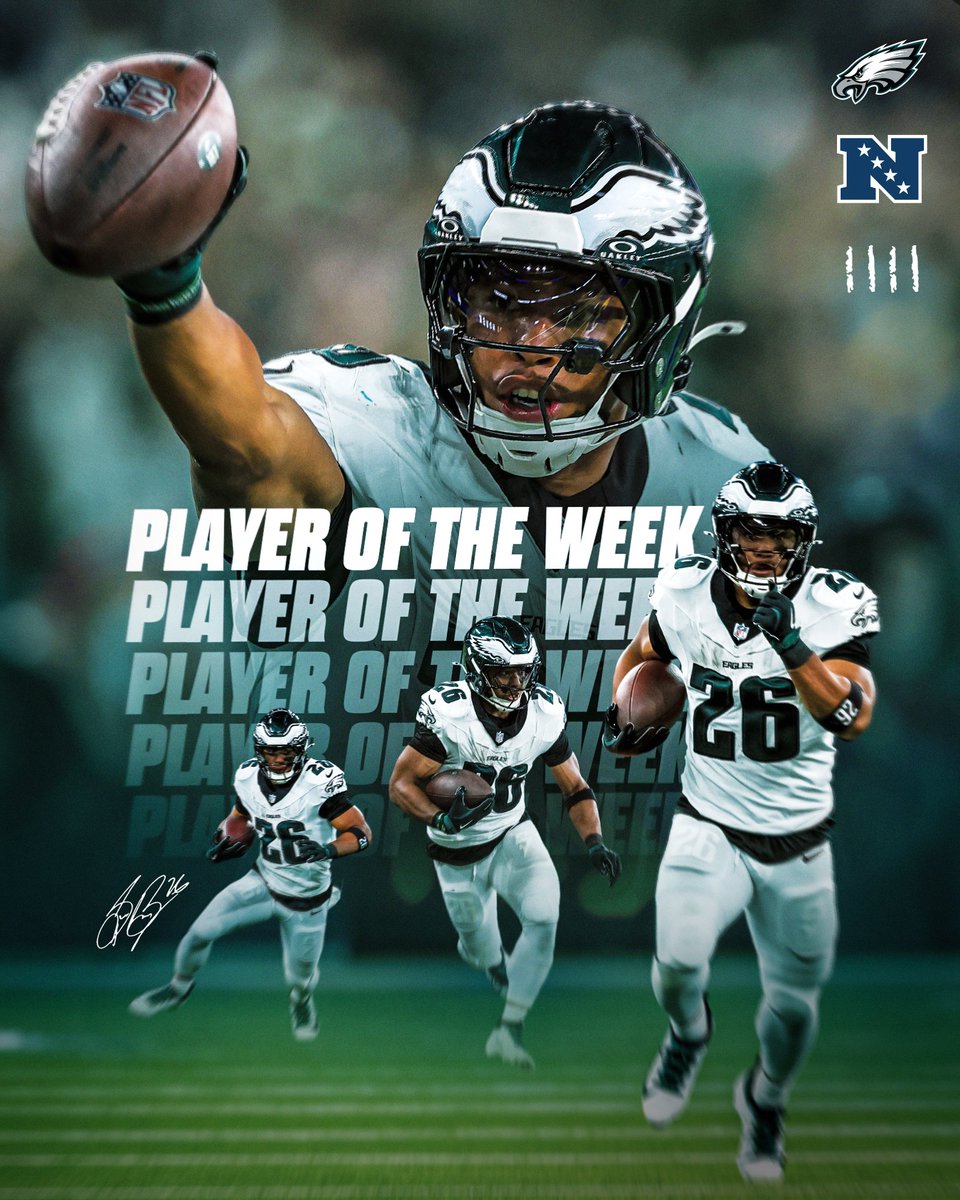 Eagles's tweet photo. For the 𝗙𝗢𝗨𝗥𝗧𝗛 time in 12 weeks, @Saquon is your NFC Offensive Player of the week 🤩

He's the 1st Eagle to earn the honor four times in a single season! https://t.co/D9YZRCeCuH