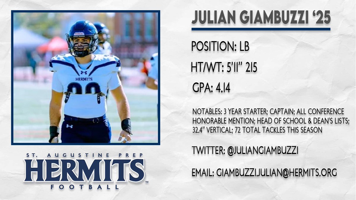 ⚠️SENIOR COLLEGE FOOTBALL PROSPECT⚠️

JULIAN GIAMBUZZI ‘25
<a href="/JulianGiambuzzi/">Julian Giambuzzi</a>

🔹Linebacker
🔹5’11” 215
🔹4.14 GPA
🔹3 Year Starter; Captain; All Conference Honorable Mention; Head of School &amp; Dean’s Lists; 32.4” Vertical; 72 total tackles this season

🎞️: hudl.com/profile/164083…