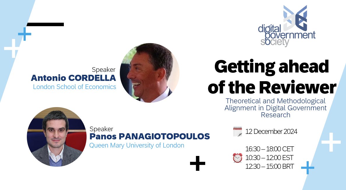 💡 Getting ahead of the Reviewer: Theoretical and Methodological Alignment in Digital Government Research! Announcing a webinar on academic writing. 
Date:12th December 2024, 16:30-18:00 CET, 10:30-12:00 EST 12:30-15:00 BRT forms.gle/o93qxAMWJGzvUS…
Open to DGS member PhD students