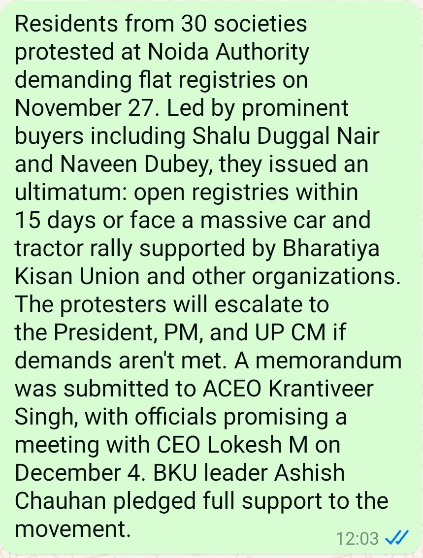 nishants1977's tweet image. Residents from 30 societies protested at Noida Authority demanding flat registries on November 27. Led by prominent buyers including Shalu Duggal Nair and Naveen Dubey, they issued an ultimatum: open registries within 15 days or face a massive car and tractor rally.