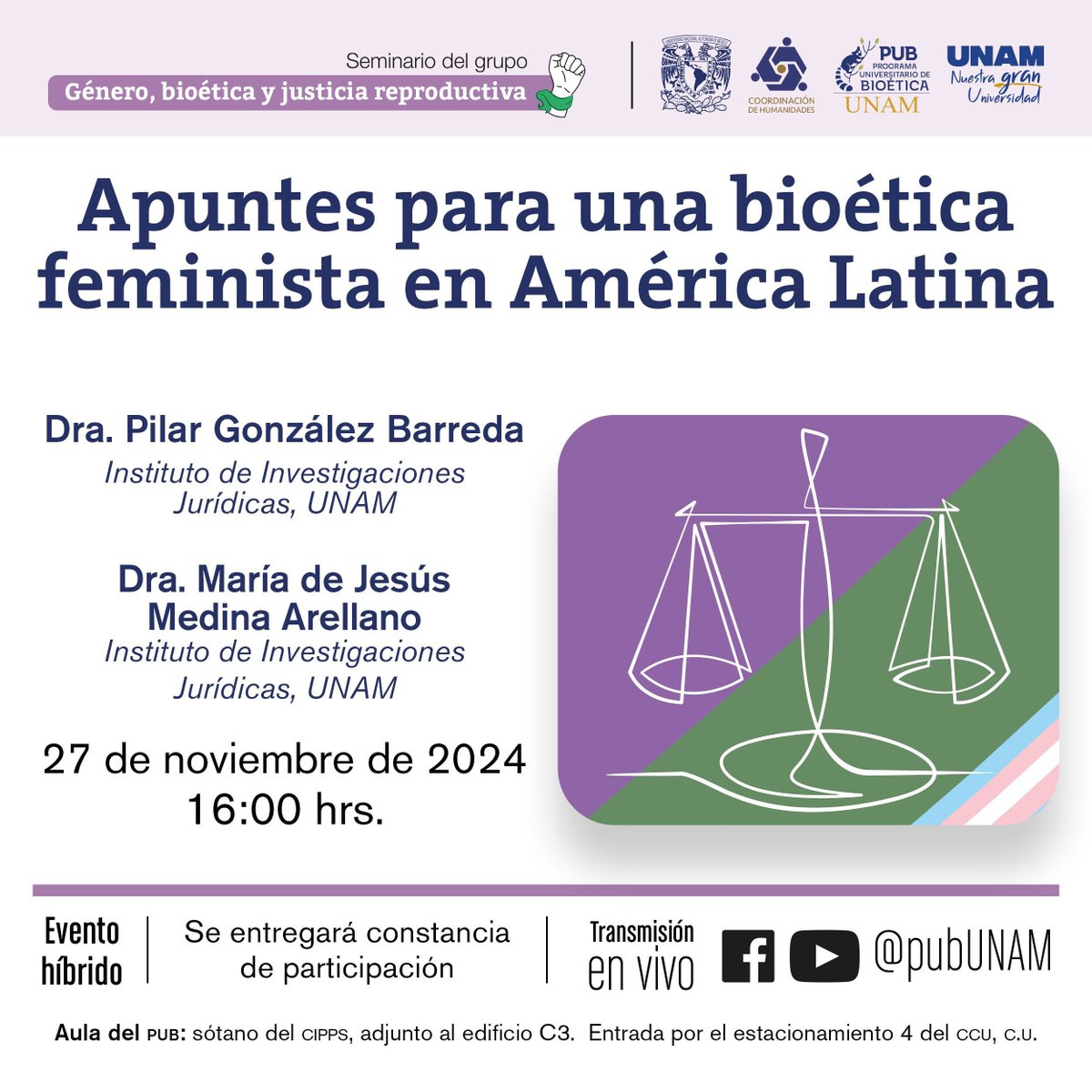 bioeticaunam's tweet photo. Recuerda que hoy tenemos sesión del
seminario mensual #GBJR.
Nos acompaña la Dra. @mariamedina_A y la Dra. @picatman del @IIJUNAM. 💚💜
Te esperamos en punto de las 16:00 horas, en el Aula del PUB, o si lo prefieres por nuestras redes sociales. https://t.co/Dj6KQOEavm