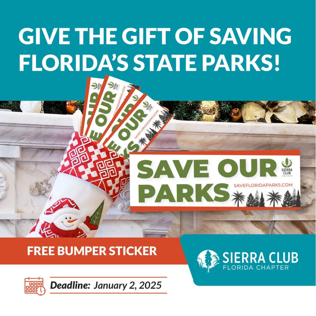 Looking for a unique holiday gift that makes a difference? We’ve got you covered! Get a FREE “Save Florida Parks” bumper sticker – perfect for you or the nature lover in your life.

Thanks to pressure from people like you, <a href="/GovRonDeSantis/">Ron DeSantis</a> paused plans to develop Florida’s state