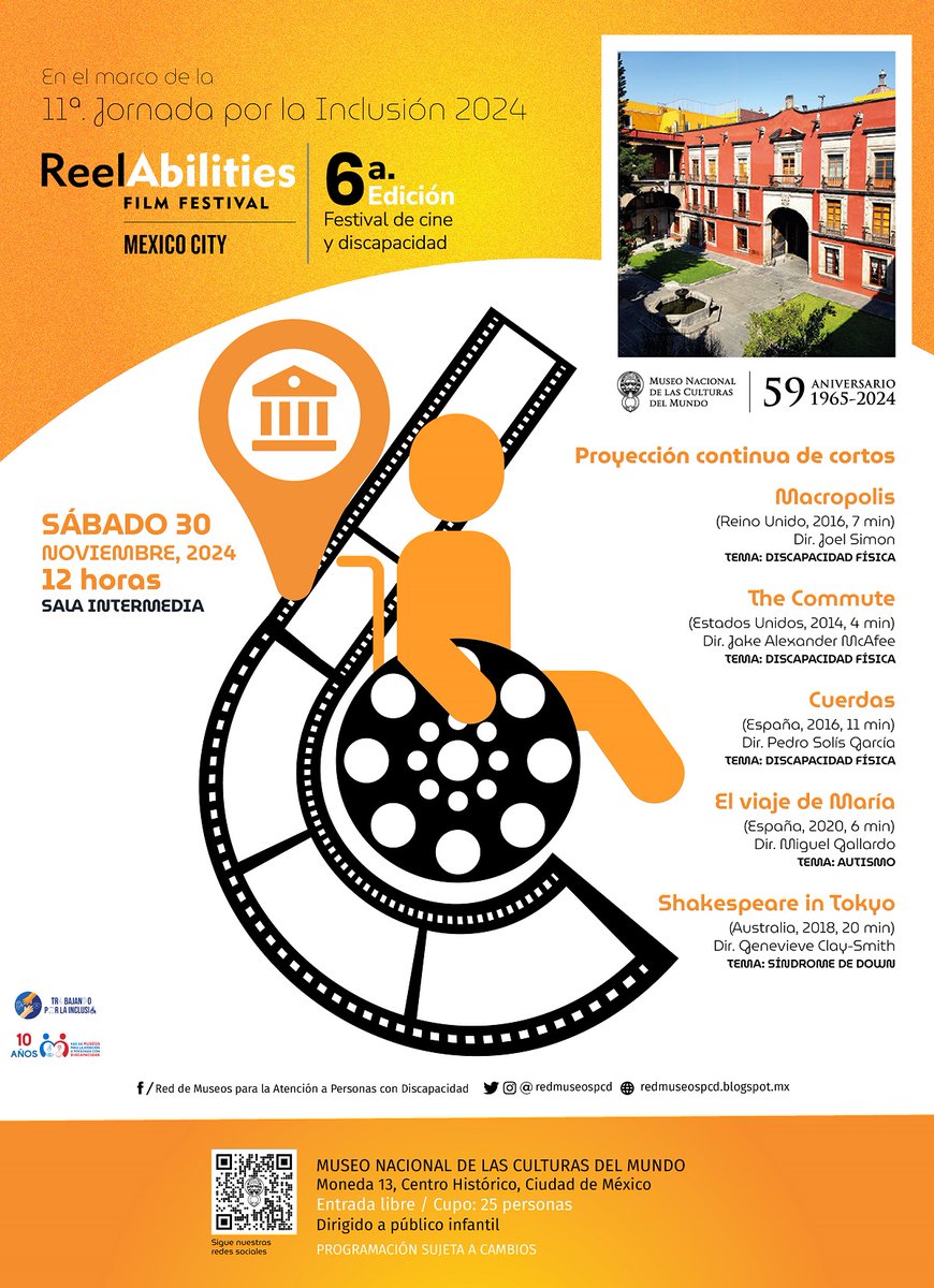 El sábado 30 de noviembre a las 12 horas el <a href="/MuseoCulturas/">Museo Nacional de las Culturas del Mundo INAH</a> tendrán la proyección de cortos del festival <a href="/ReelAbilitiesMX/">ReelAbilitiesmx</a>, la cita es en la sala intermedia. Actividad gratuita para todo público, los esperamos...
#11jornadaporlainclusión