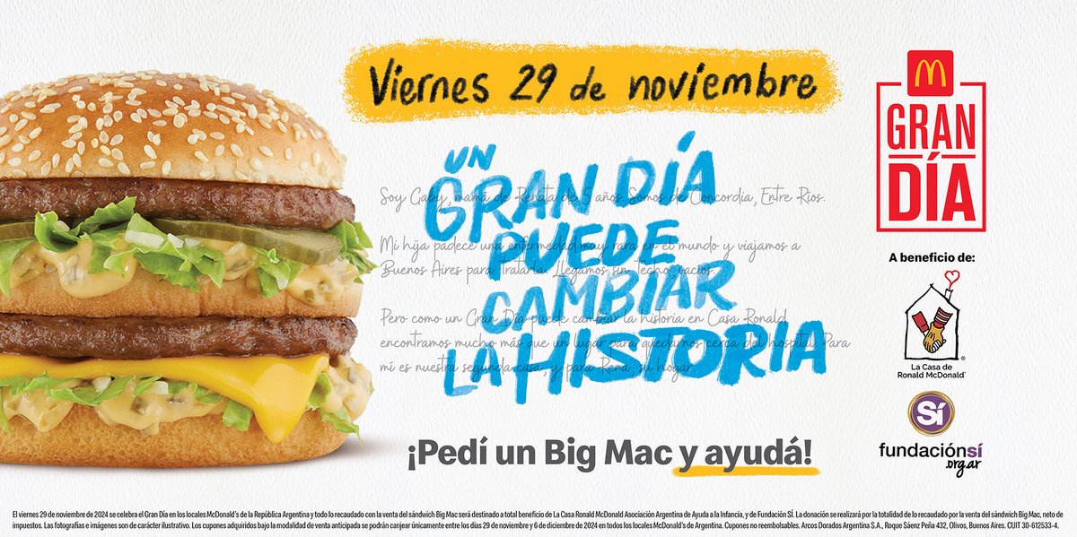 Este viernes 29 de noviembre vuelve el #GranDía2024, la jornada solidaria más importante del año para <a href="/McDonalds_Ar/">McDonalds_Ar ⭐⭐⭐</a>  donde el 100% de lo recaudado por la venta del Big Mac en todo el país será donado a <a href="/sifundacion/">Fundación SI</a>  y a <a href="/CasaRonaldAr/">Casa Ronald Argentina</a>  Sumate, ayudanos a ayudar!