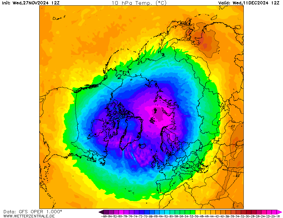 sturmwetter1703's tweet photo. Update zum #Polarwirbel:
Bis Mitte Dezember verstärkt sich der PW nochmals und ist sehr stark. Der #Zonalwind 10 hpa dreht sich im Spin mit >100 kt um den PW. Damit auf dem Atlantik/EU bis Januar 2025 überwiegend +NAO (West-/#Südwestlage) = mild/windig und nass.
🌀🟡🟠🔴🌧️ https://t.co/w5rKoDG9aw