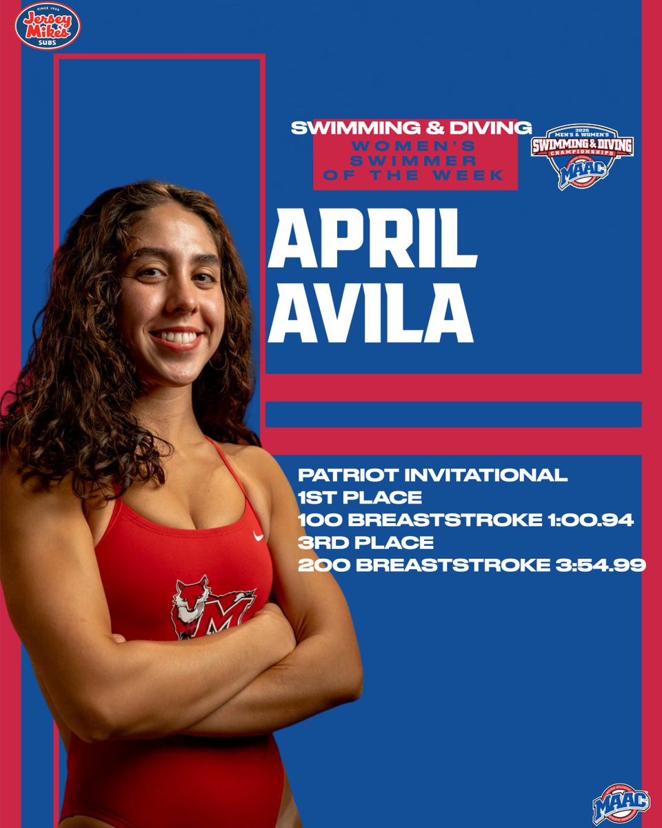 #MAACSports (@maacsports) on Twitter photo Congratulations to this week's <a href="/jerseymikes/">Jersey Mike's Subs</a> MAAC Swimming & Diving weekly award winners!
Men's Co-Swimmer: Aidan Schnapf, Fairfield & James Conable, Marist
Men's Diver: Andrew Cataldo, Fairfield
Women's Swimmer: April Avila, Marist
📰: bit.ly/4g4j36M
Jersey Congratulations to this week's <a href="/jerseymikes/">Jersey Mike's Subs</a> MAAC Swimming & Diving weekly award winners!
Men's Co-Swimmer: Aidan Schnapf, Fairfield & James Conable, Marist
Men's Diver: Andrew Cataldo, Fairfield
Women's Swimmer: April Avila, Marist
📰: bit.ly/4g4j36M
Jersey