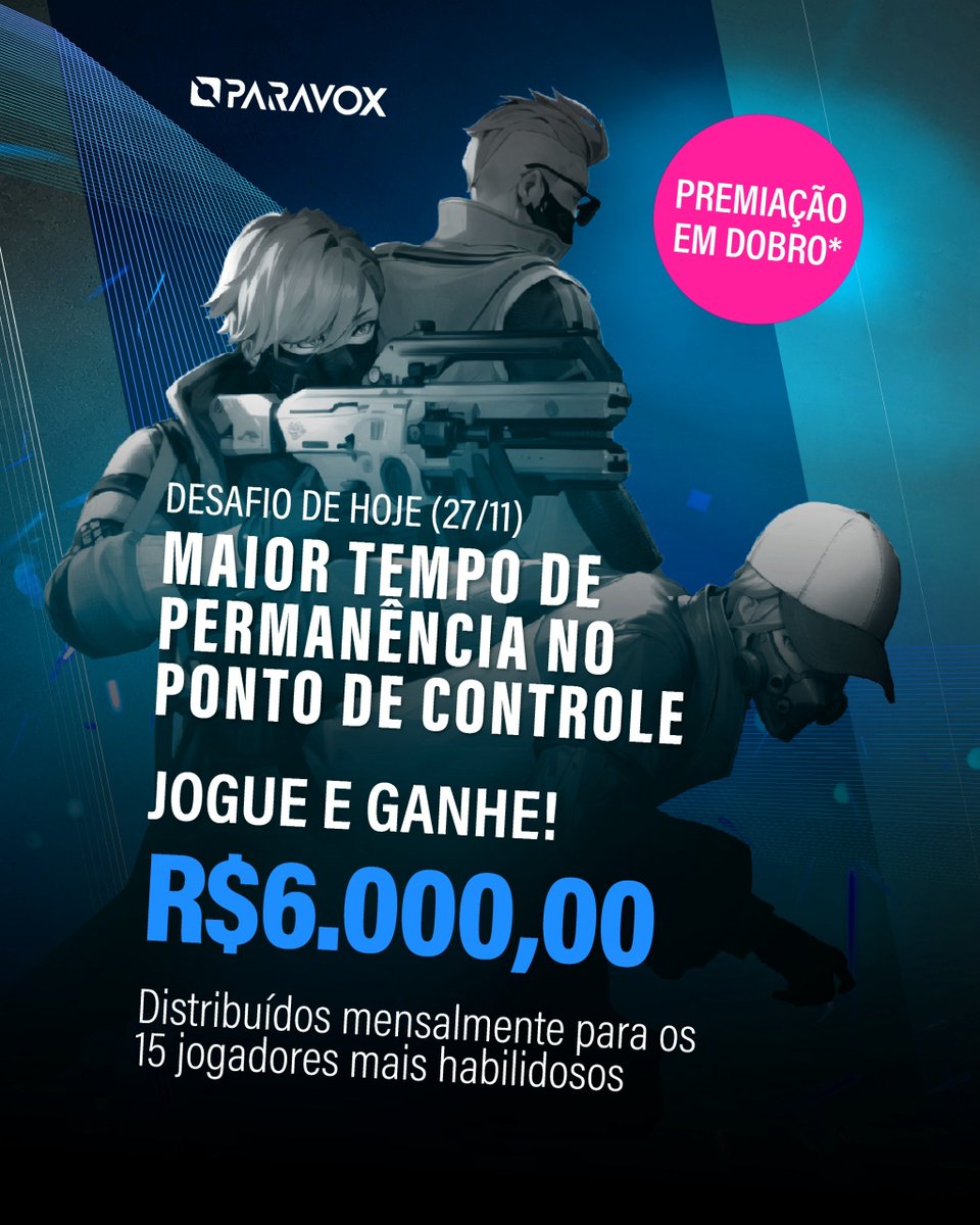 💥 Saiu a nova missão diária de hoje (27/11)

⚠️ Complete o desafio nas ranqueadas das 20h até 00h e prove seu valor!

Os 15 jogadores com maior TEMPO DE PERMANÊNCIA NO PONTO DE CONTROLE (acumulativo do dia) levam grana pra casa 💰

Top 1  •  20 USD
Top 2-9  •  10 USD
Top 10-15