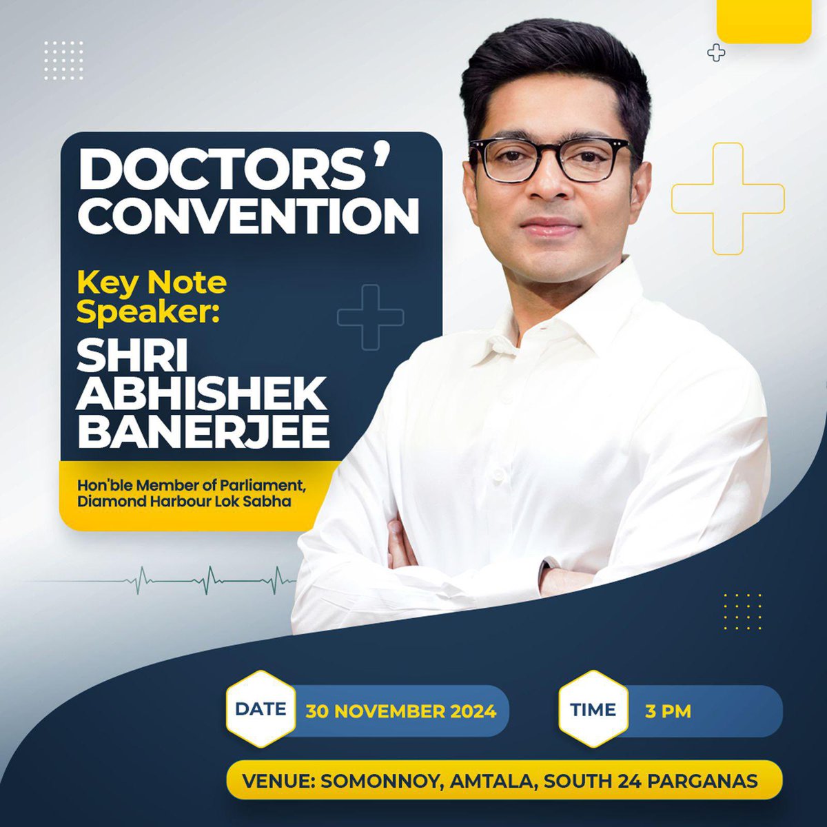 aitcsudip's tweet photo. Hon'ble Shri @abhishekaitc will address a Doctors' Convention to be held at Amtala, South 24 Parganas.

It's high time we break all castle of lies and misinformation to re-establish an atmosphere of truth and justice. https://t.co/XaZuizktK3
