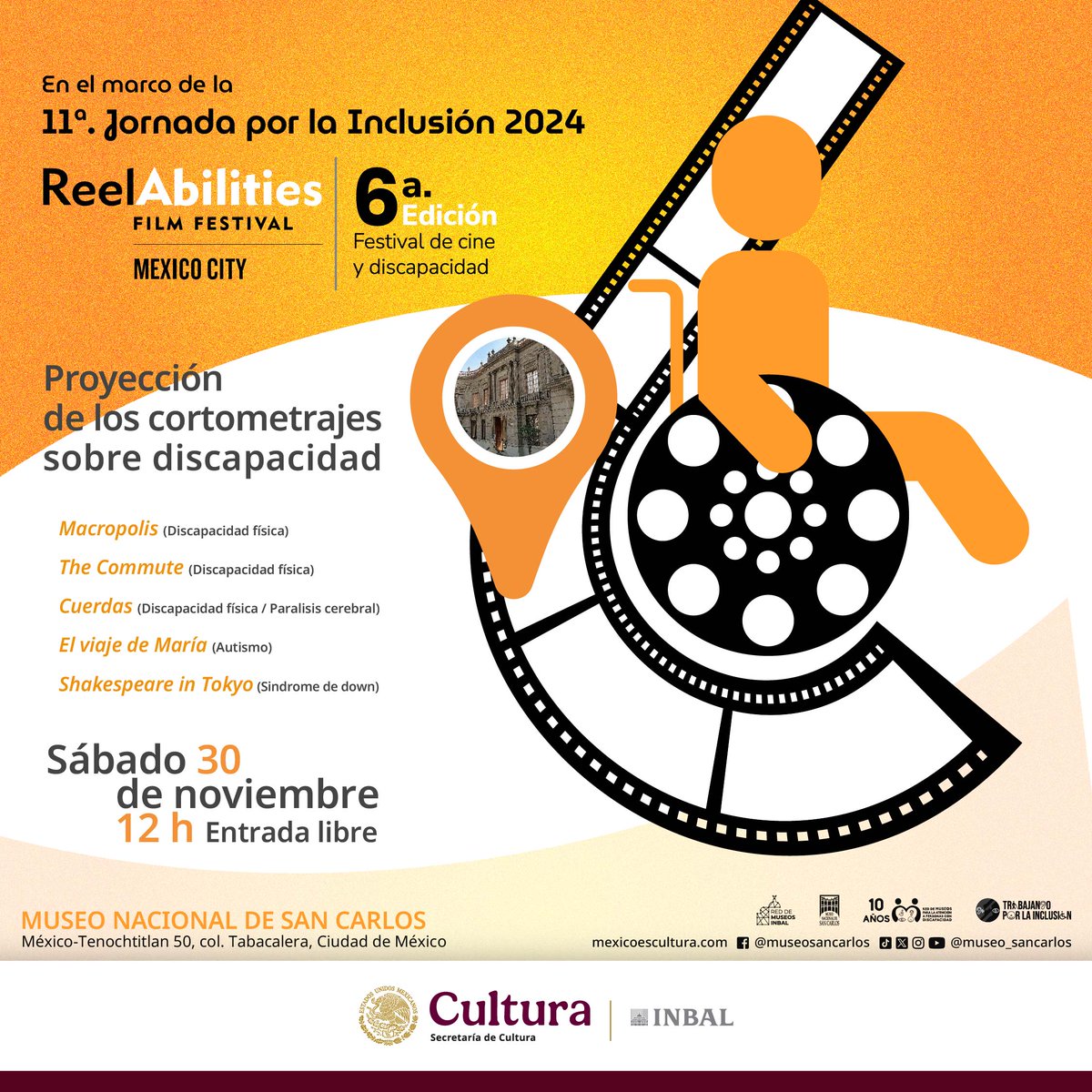 También el sábado 30 de noviembre a las 12 horas el <a href="/museo_sancarlos/">Museo Nacional de San Carlos</a> tendrá participación en el festival <a href="/ReelAbilitiesMX/">ReelAbilitiesmx</a>. Actividad gratuita para todo público, los esperamos...
#11jornadaporlainclusión