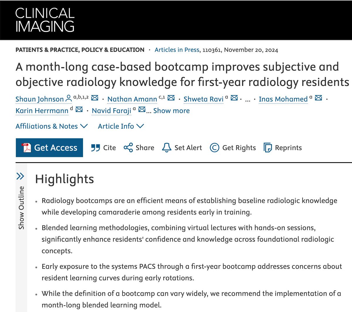 Check out this article from last week: "A month-long case-based bootcamp improves subjective and objective radiology knowledge for first-year radiology residents" by Dr. Shaun Johnson and Dr. Nathan Amann et al.

#MedTwitter #MedEd #radiology 
DOI: 10.1016/j.clinimag.2024.110361