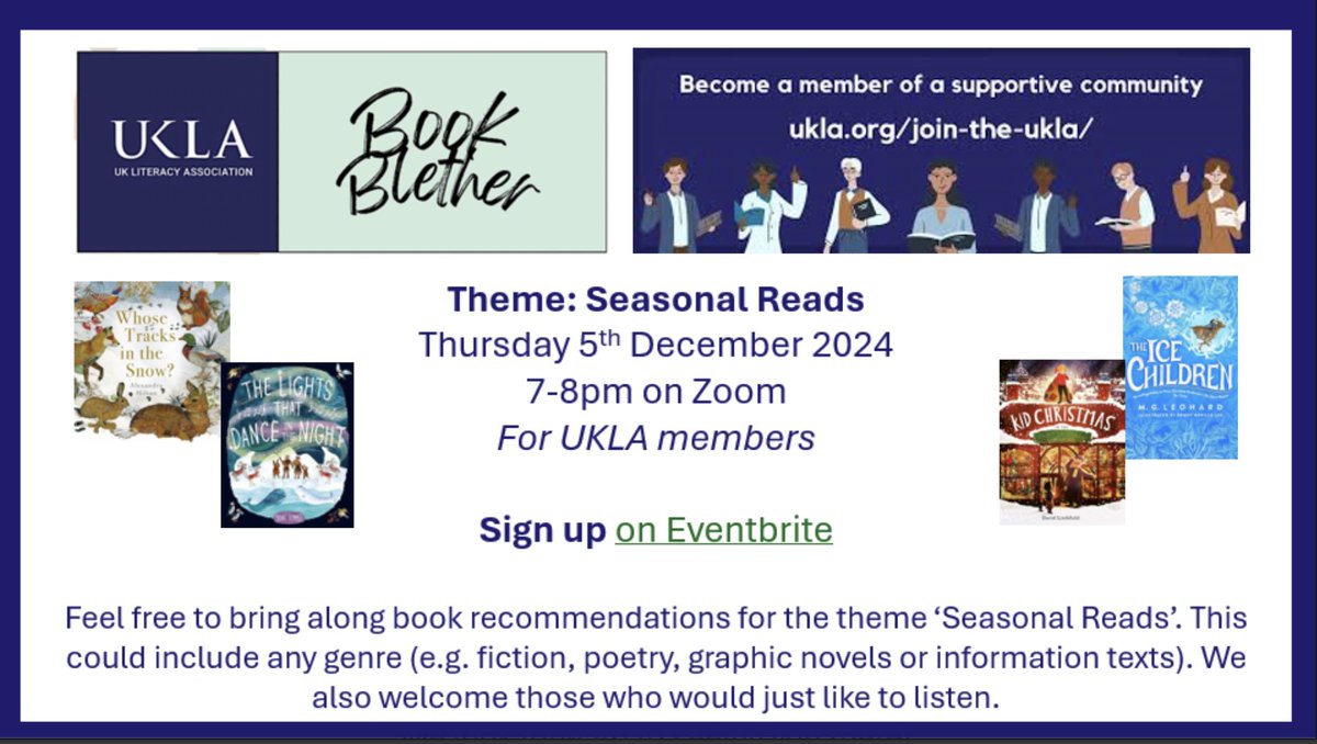 The_UKLA's tweet photo. The next UKLA Book Blether - open to any member - is taking place on Dec 5th, with the theme of 'Seasonal Reads'. Secure your place here: https://t.co/RzxEKHYbs4 https://t.co/csfrYd2wOG