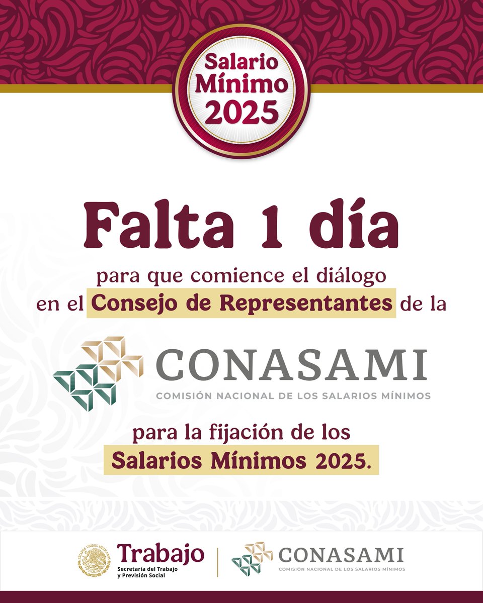 🟢Mañana inicia el diálogo entre representantes de las #PersonasTrabajadoras, de las y los #Empleadores y del <a href="/GobiernoMX/">Gobierno de México</a>, para la fijación del #SalarioMínimo2025.
⏫💵Su finalidad es beneficiar a las y los mexicanos, así como favorecer la estabilidad económica nacional. 🇲🇽
