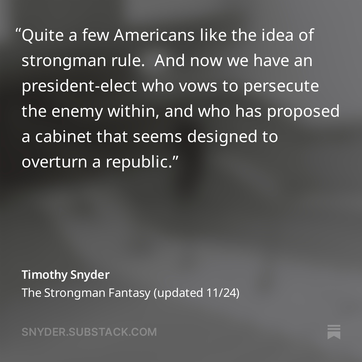 Quite a few Americans like the idea of strongman rule. Essential to it is the idea that a strongman will be your strongman. He won't.
Essay link in image below or profile