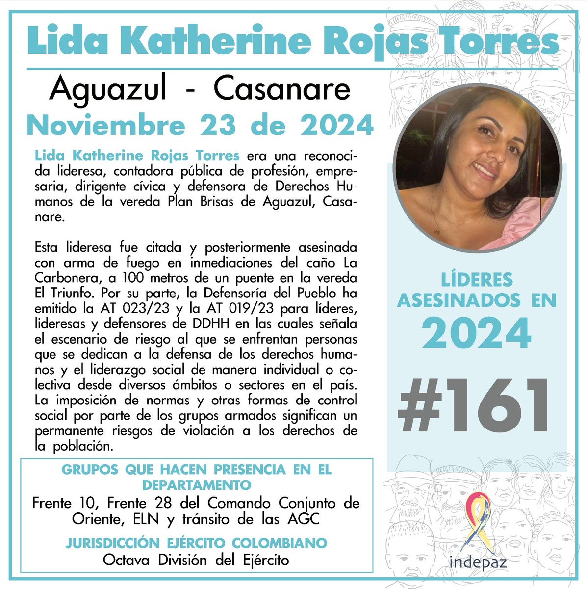 🔴 #PazParaLiderar
👥 Lida Katherine Rojas Torres
📆23/11/24
📍Aguazul, Casanare

➡️Lida Katherine Rojas Torres era una reconocida lideresa, contadora pública de profesión, empresaria, dirigente cívica y defensora de Derechos Humanos de la vereda Plan Brisas de Aguazul, Casanare.