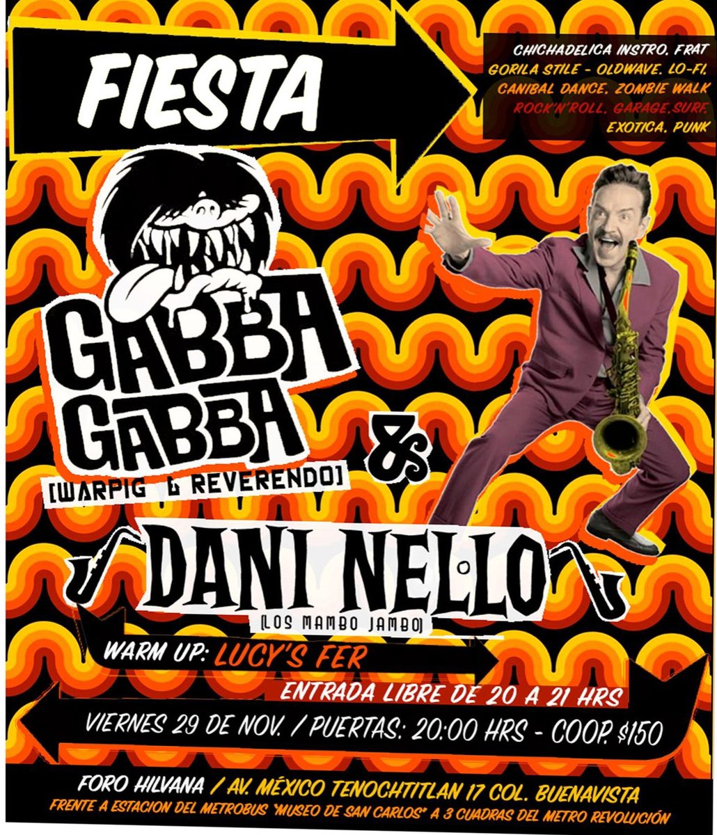 ReW (@jcholby) on Twitter photo ¡¡¡ FIESTA #GabbaGabba !!!
¡¡¡ Este VIERNES 29 !!!
➡️ En el <a href="/FCHilvana/">Foro ★ Hilvana</a>
Con ... <a href="/Nellosax/">Dani Nel·lo</a> 🎷
<a href="/LosMamboJambo/">Los Mambo Jambo</a>
💥#GabbaGabba 🎛🎚🪇
<a href="/elwarpig/">WARpig</a> & Reverend ¡¡¡ FIESTA #GabbaGabba !!!
¡¡¡ Este VIERNES 29 !!!
➡️ En el <a href="/FCHilvana/">Foro ★ Hilvana</a>
Con ... <a href="/Nellosax/">Dani Nel·lo</a> 🎷
<a href="/LosMamboJambo/">Los Mambo Jambo</a>
💥#GabbaGabba 🎛🎚🪇
<a href="/elwarpig/">WARpig</a> & Reverend